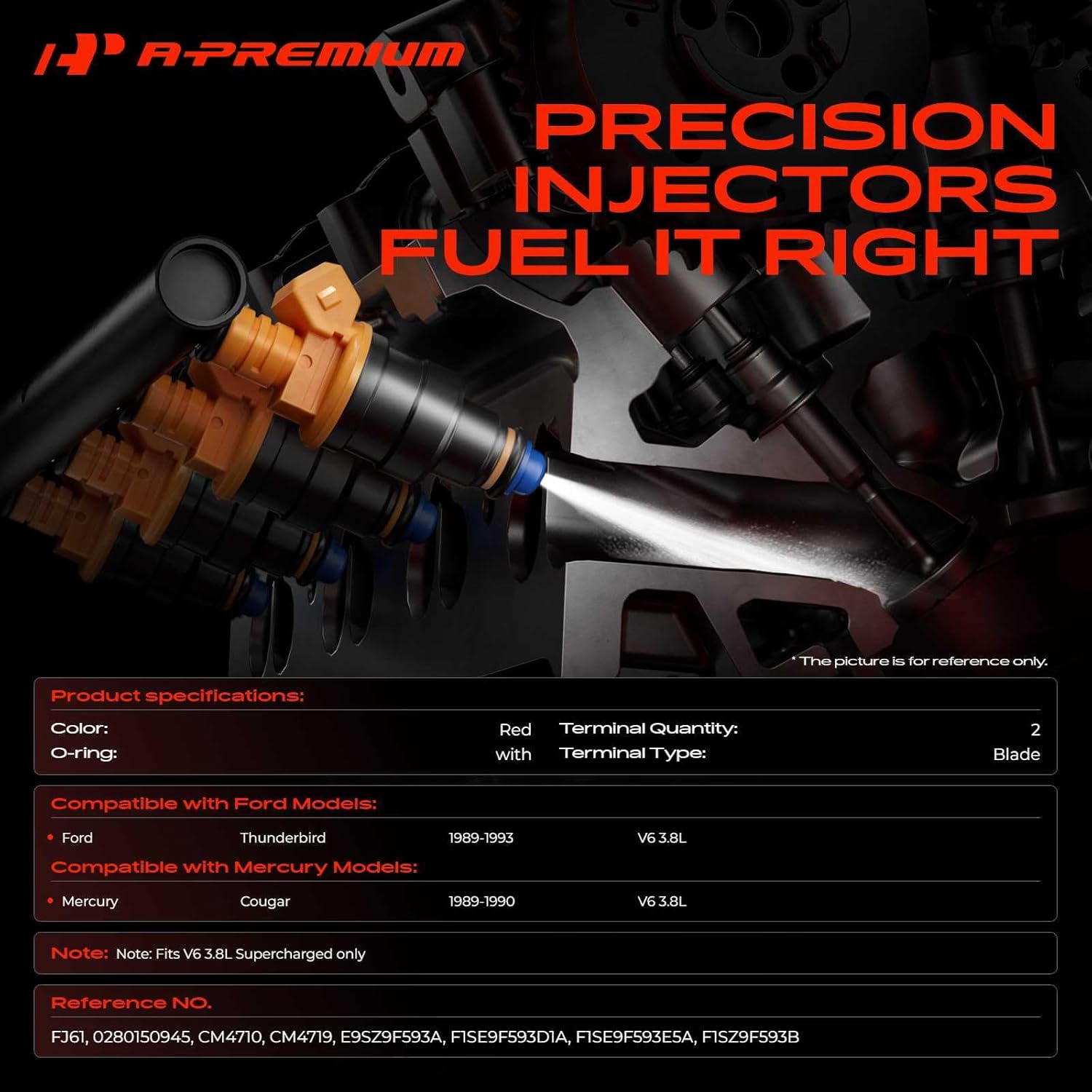 A-Premium Fuel Injectors Compatible with Ford Thunderbird 1989-1993 & Mercury Cougar 1989-1990 3.8L, Gas, Set of 8, Replace# 0280150945, E9SZ9F593A