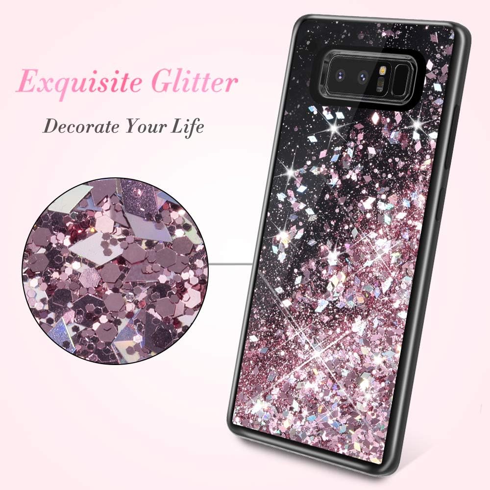 Caka Case for Galaxy Note 8 Glitter Case for Women Girls Liquid Bling Shining Sparkle Luxury Flowing Floating Waterfall Quicksand Girly Soft TPU Black Case for Samsung Galaxy Note 8 (Rose Gold)
