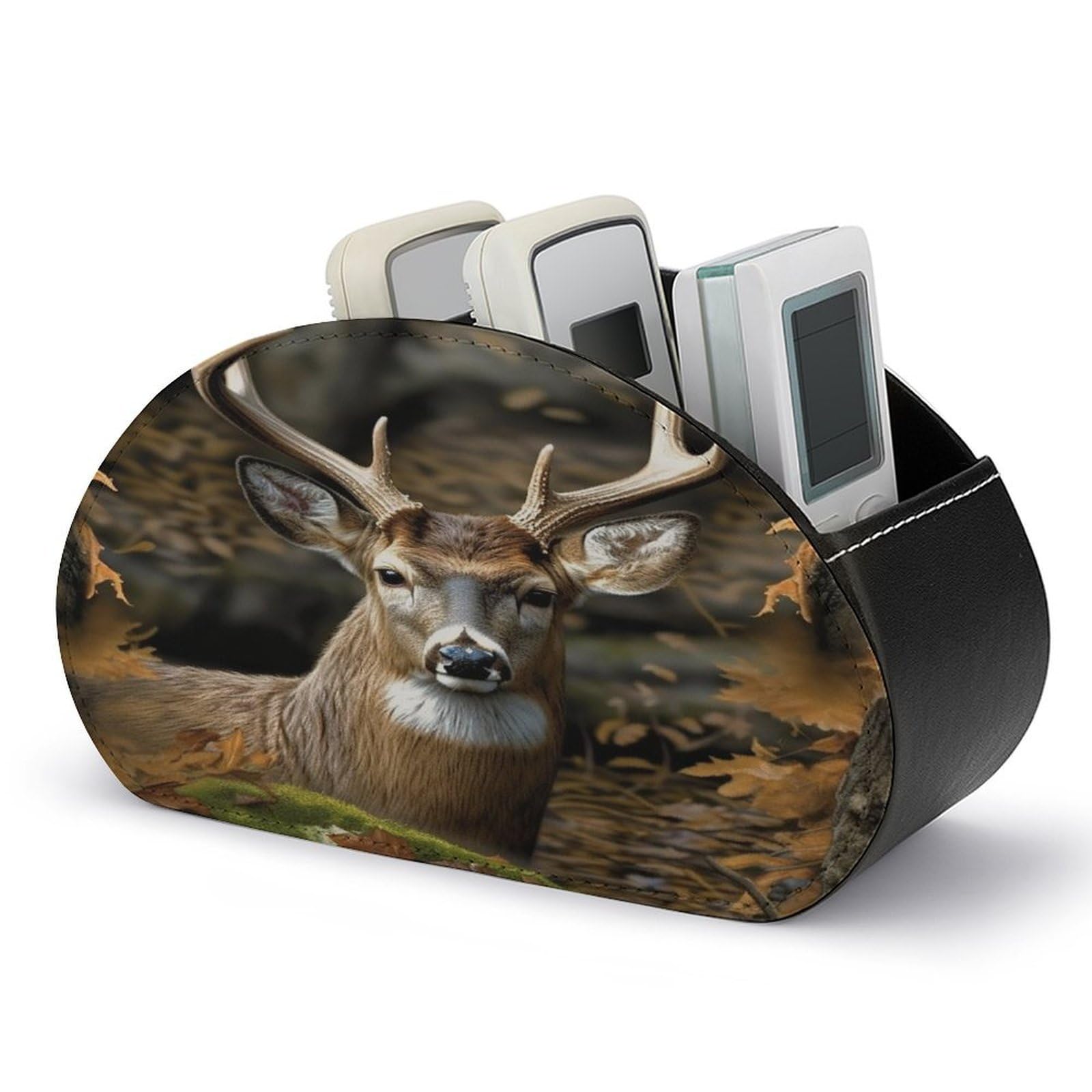 FekiLoot Camouflage Deer Remote Control Holder with 5 Compartments - PU Leather Remote Caddy Desktop Organizer, Personalized TV Media Remote Storage Box for Home Coffee Desk Accessories
