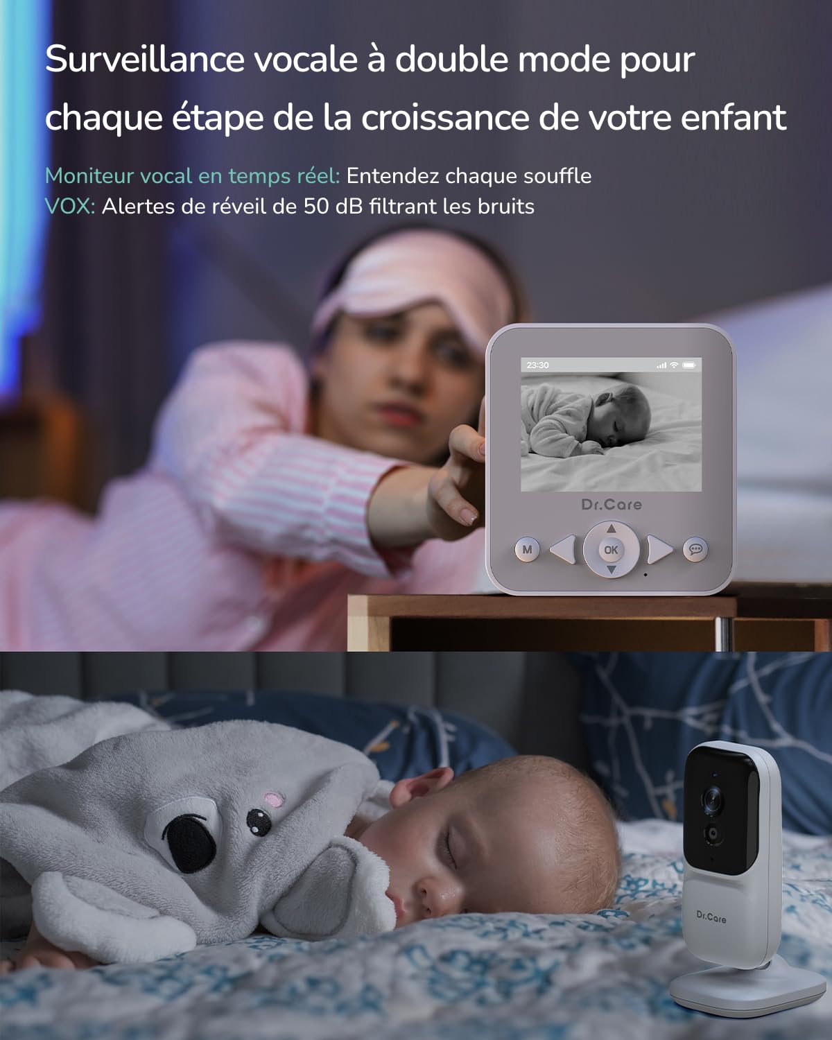 Dr.Care NeoView Babyphone Caméra Vidéo - Écran 2.8" 1500mAh, Surveillance Bébé, Audio Bidirectionnel, Vision Nocturne, VOX, Capteur de Température, Berceuses, Clip Ceinture