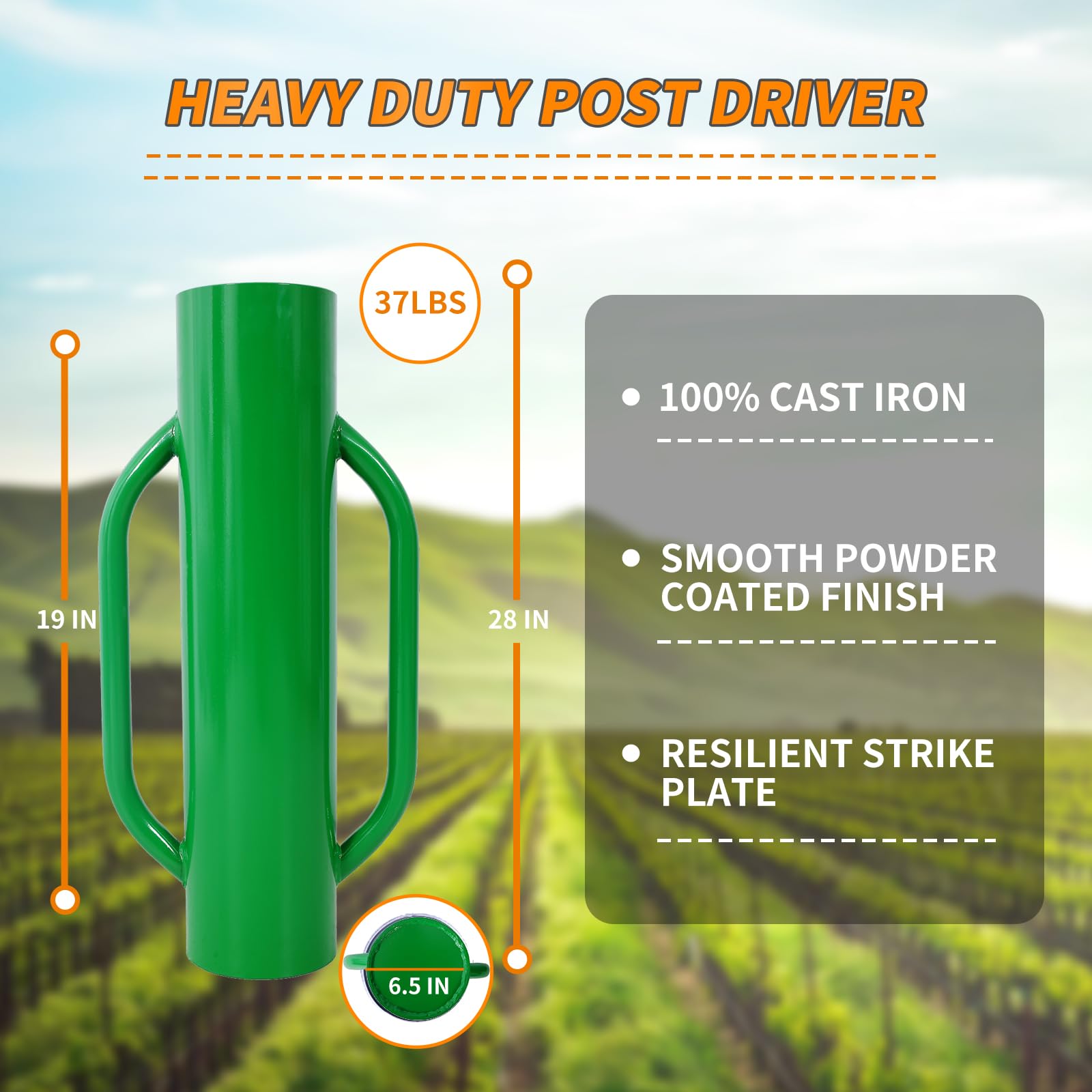 Iron Fence Post Driver - Heavy Duty 37LB Metal Fence Post Driver with Handle | Versatile and Multipurpose T Post Rammer for Easy Fence Post Installation Green