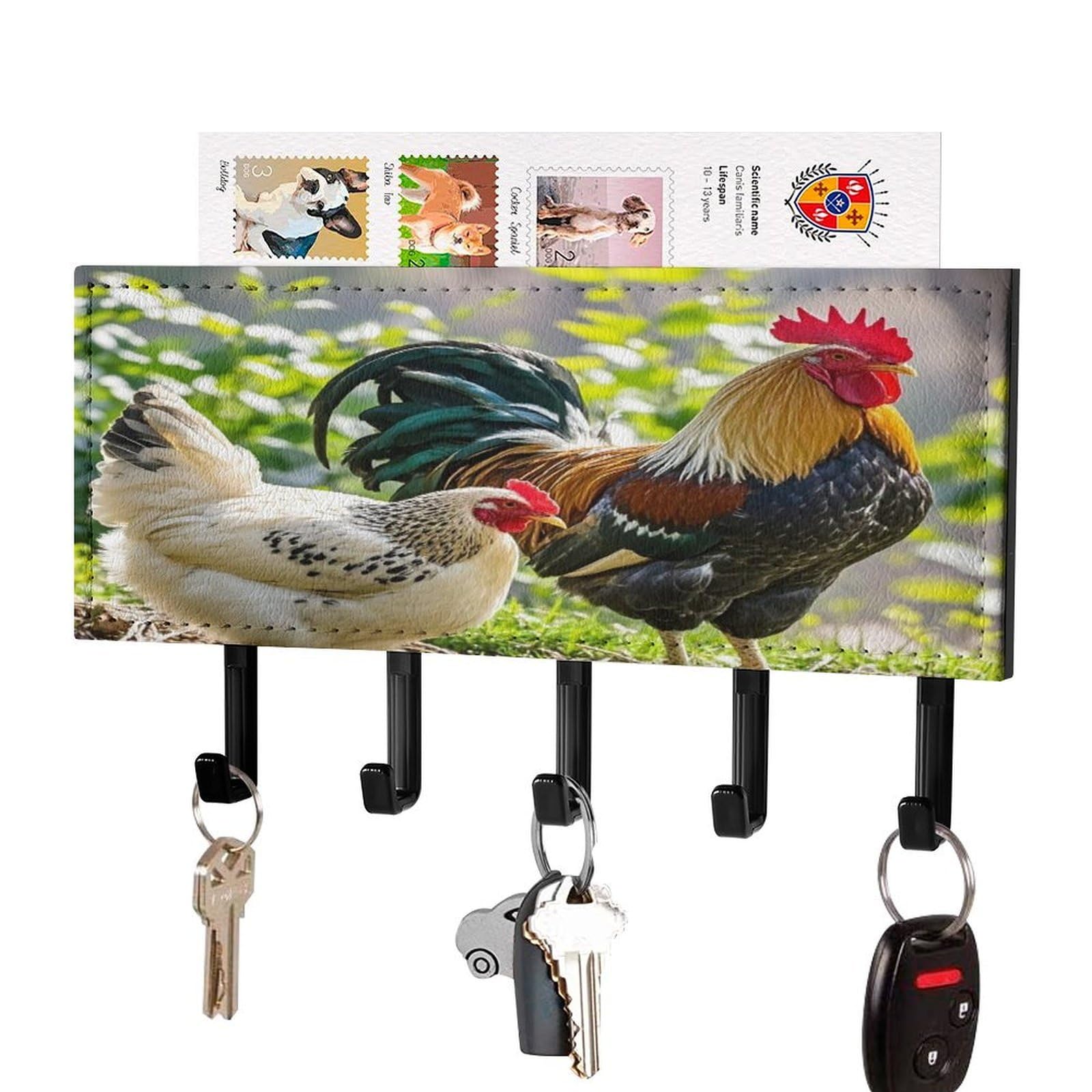 FekiLoot Rooster and Hen Key Holder Wall Mount Key and Mail Holder Key Hanger with 5 Hooks Decorative PU Key Rack Hanging Key Hooks for Wall Living Room Kitchen Bathroom Hallway Black-Style