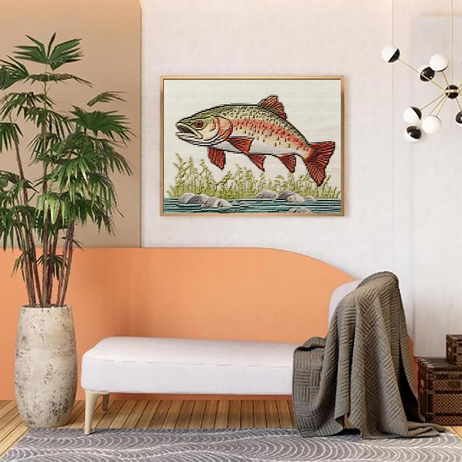 KFBXZIP Trout DIY Stamped Cross Stitch Kits for Beginners Easy 11CT Needlepoint Embroidery Counted Cross Stitch Kits Art Craft Wall Decor and Gift 11CT, 12x16 inch