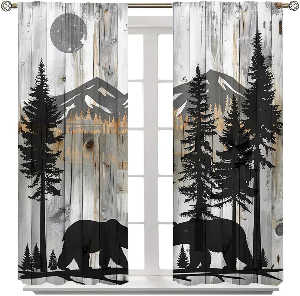 Brebasf Rustic Cabin Wildlife Black Bear Blackout Curtains Vintage Farm Wooden Boards Spring Forest Animal Bear Thermal Insulation Curtains for Living Room Bedroom 2 Panels 63" L x 36" W