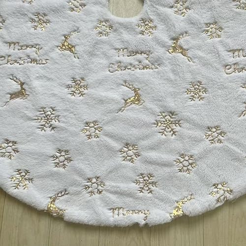Vista 59 de Faldones de felpa para árbol de Navidad, 36 pulgadas, tapete de lujo de piel sintética blanca nevada con copos de nieve dorados para decoración