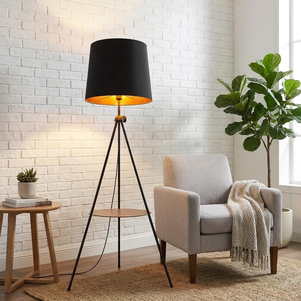 BARCELONA LED Madison Dreibein Stehlampe Mit Ablagetisch Schwarz | Holz, Textilschirm, höhenverstellbar, Ambientebeleuchtung, multifunktionales Design