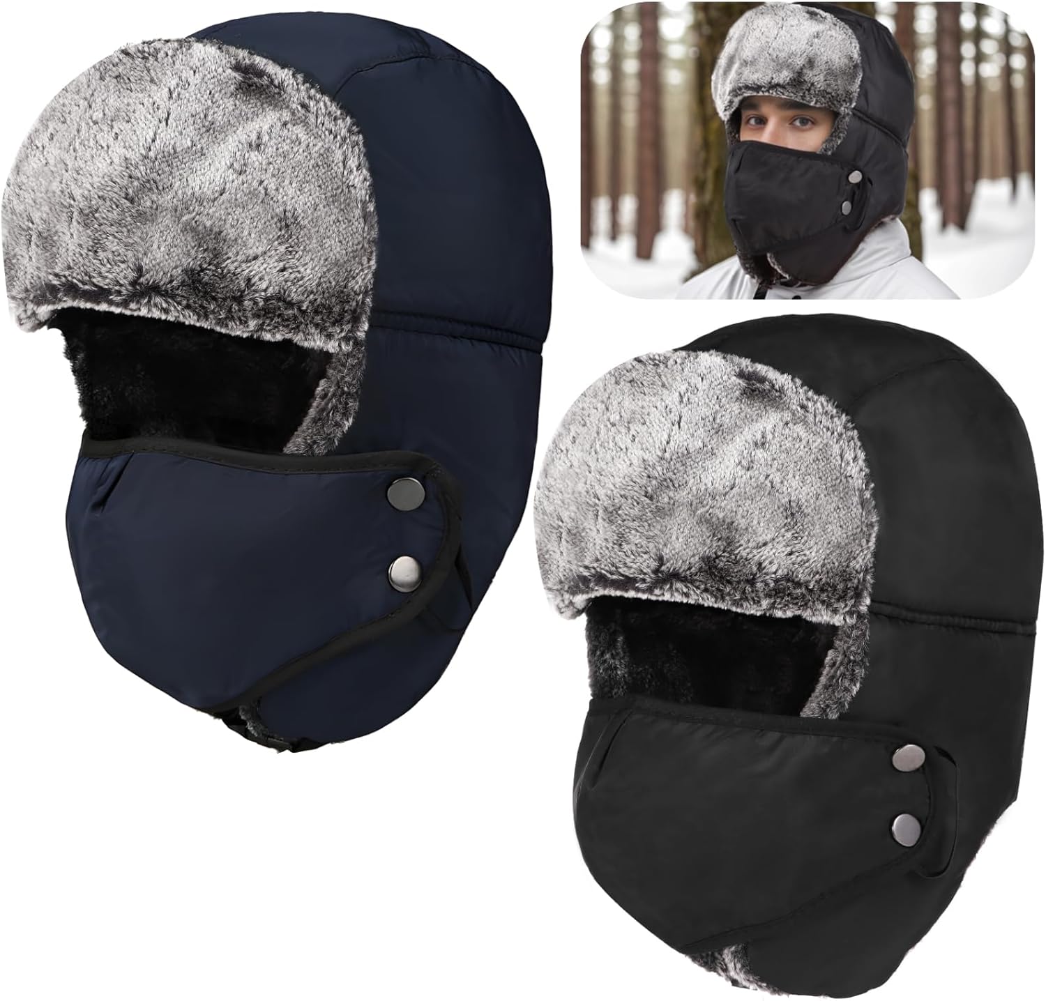 2 Pack Russian Trooper Hat With Removable Windproof Mask, Winter Trapper Cap For Men And Women, Furry Outdoor Sports Hat