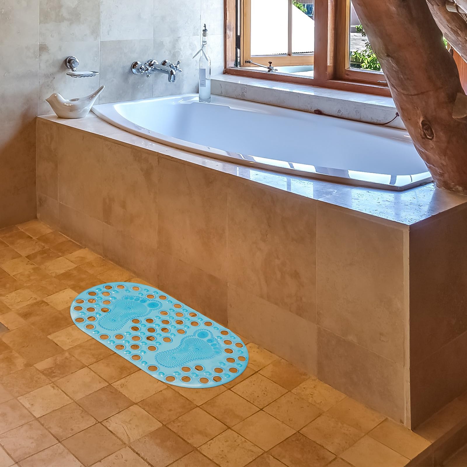 HOMSFOU Alfombrilla de Baño Antideslizante de 68x37 Cm, Transparente Azul, Diseño Masajeador en Forma de Pie para Ducha y Suelo, Almohadilla Práctica y Segura para Baño