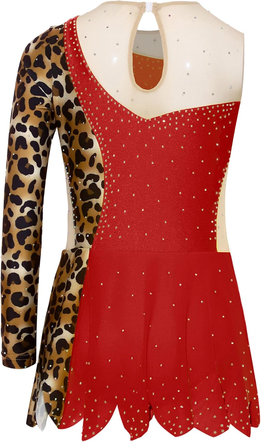 Girl One Shoulder Long Sleeve Ballet Dance Outfit Sparkly Rhinestones Leopard Print Gymnastics Leotards for Kids