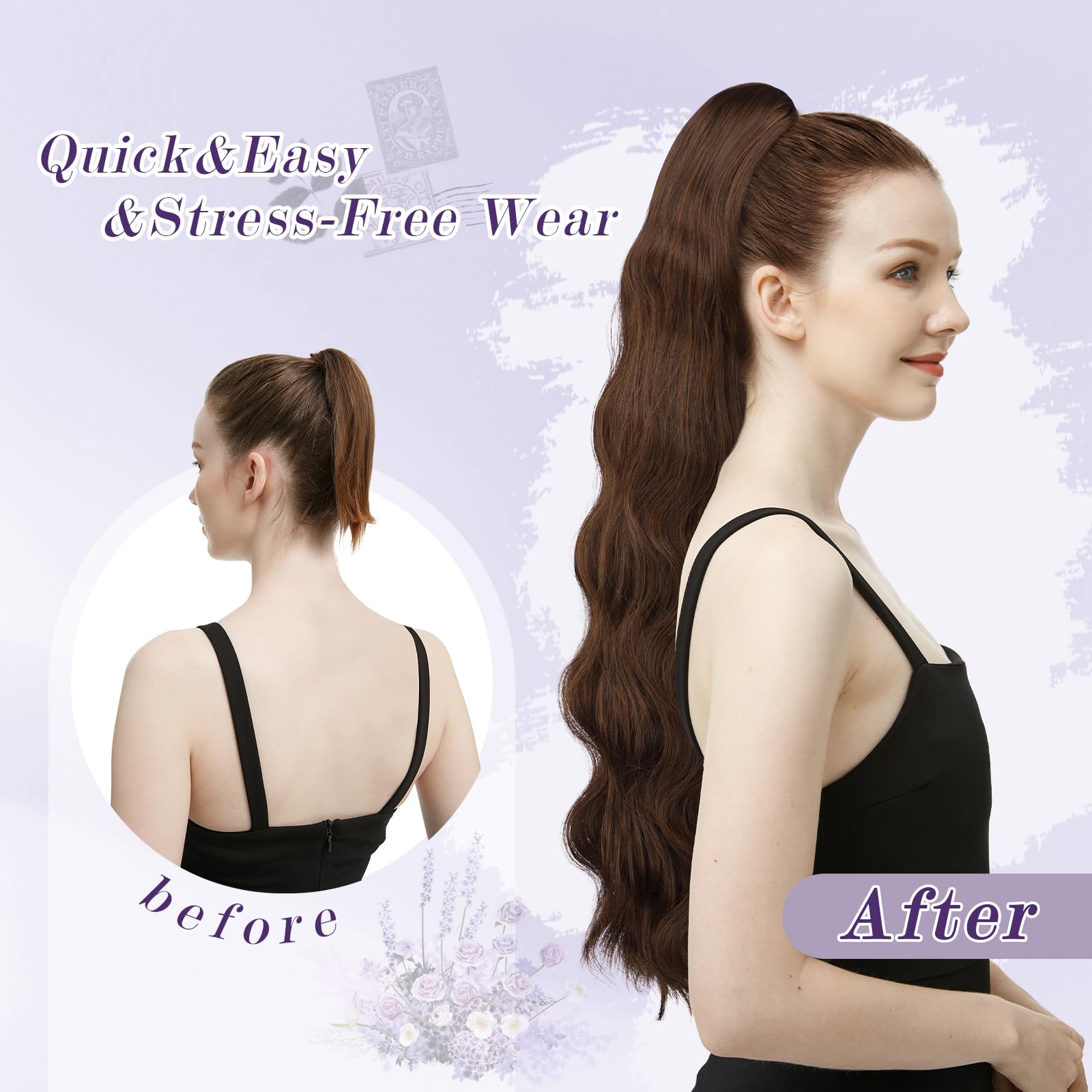 FESHFEN 75 cm Coda Cavallo Extension con Coulisse, Lunga Ricci Ondulati Coda Capelli Extension Sintetici Pettini Clip in Capelli Posticci, Nero Naturale Coda di Cavallo Naturale per Donna