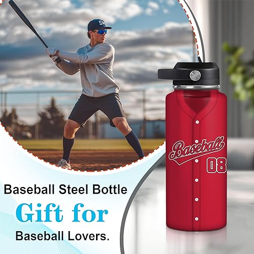Vista 115 de Hyturtle Botella de agua de béisbol personalizada, botella de acero inoxidable aislada de viaje con tapa a prueba de fugas, 18 onzas, 32 onzas