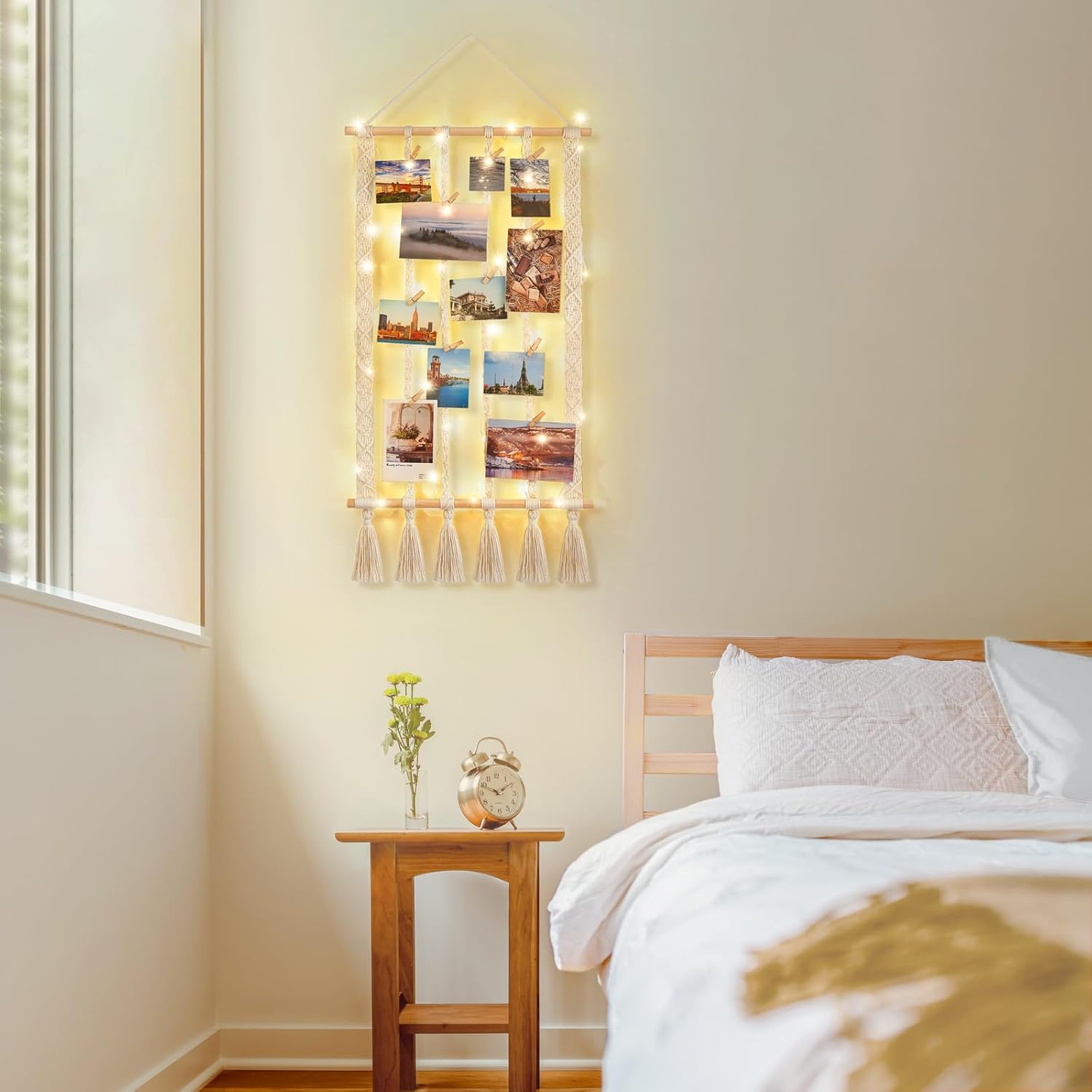 Dahey Macrame Hanging Photo Display Dorm Wall Decor Boho Picture Frames Collage for Picture String with Clips Photo Hanger with Lights Artwork for Teen Girl College Living Room Bedroom Christmas Gift - Image 7