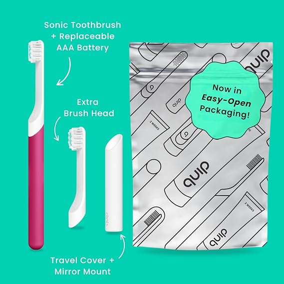 Quip Sonic Toothbrush for Kids with Timer - Includes Extra Brush Head and Travel Cover Mount - Electric, Soft Bristle Refill Head, Plastic Handle, 3 Month Battery Life, Wonder Pink
