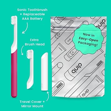 Quip Sonic Toothbrush for Kids with Timer - Includes Extra Brush Head and Travel Cover Mount - Electric, Soft Bristle Refill Head, Plastic Handle, 3 Month Battery Life, Wonder Pink
