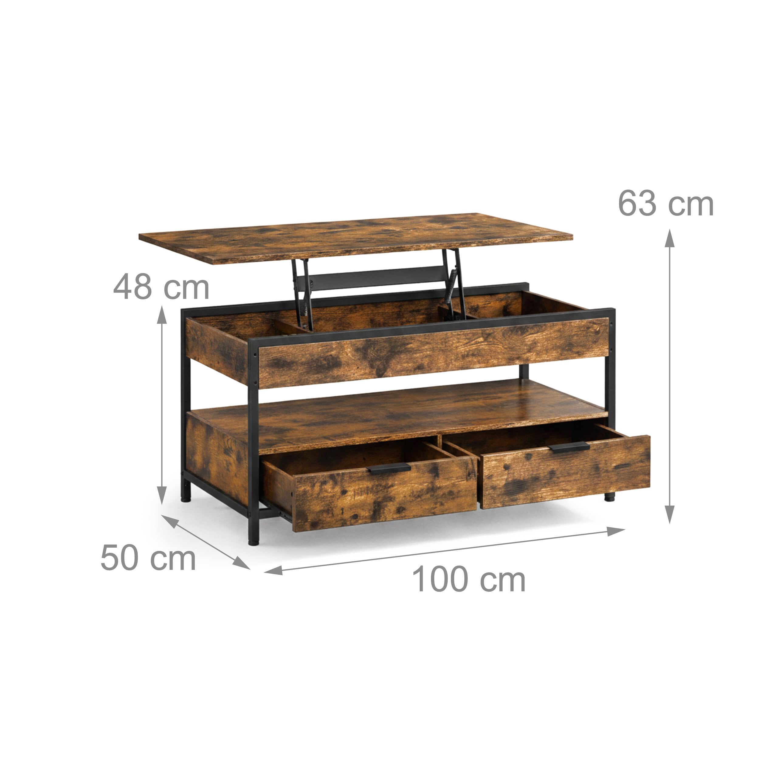 Relaxdays Tavolino, alzabile, 2 cassetti, 4 vani, HLP 48–63 x 100 x 50 cm, Industriale
