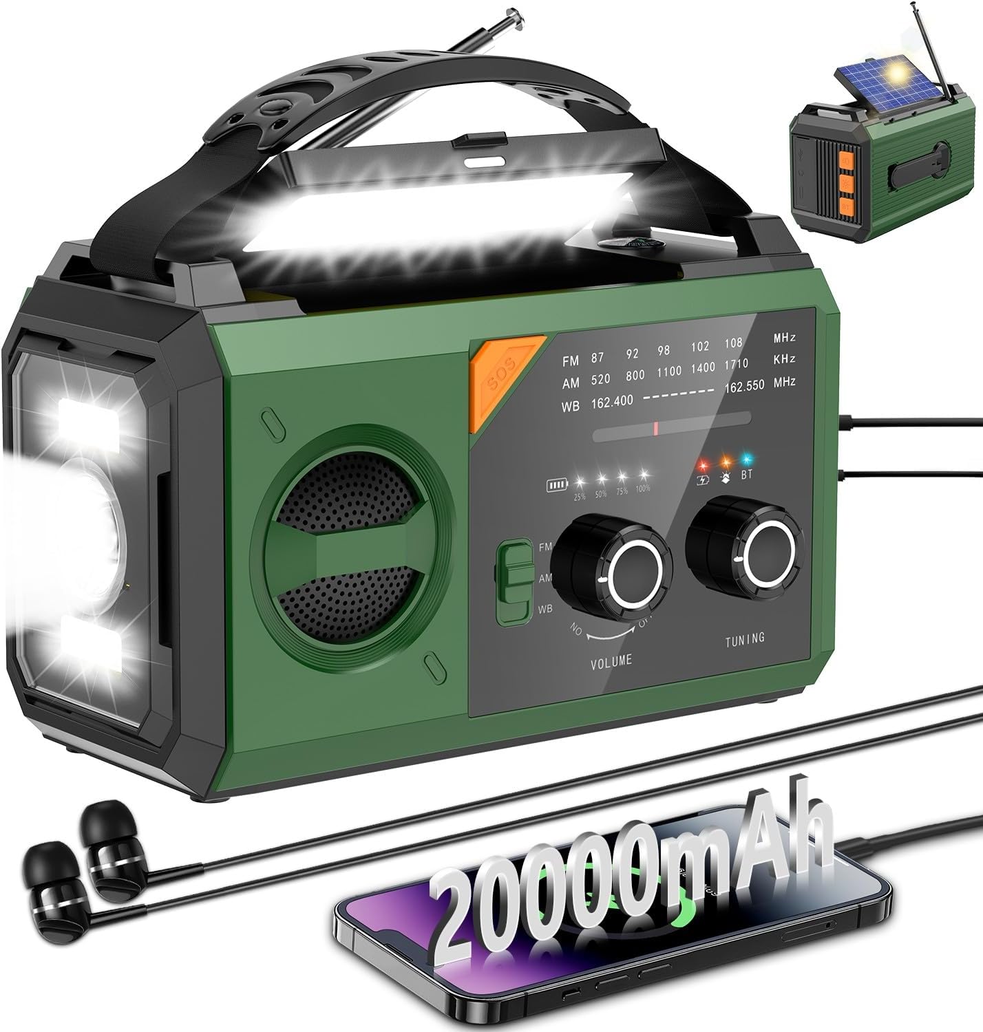 20000mAh Emergency Weather Radio with Wireless Speaker, 74000mWh NOAA/AM/FM Hand Crank Solar Radio with Flashlight Cell, Phone Charger, Compass, Reading Lamp, SOS Alarm