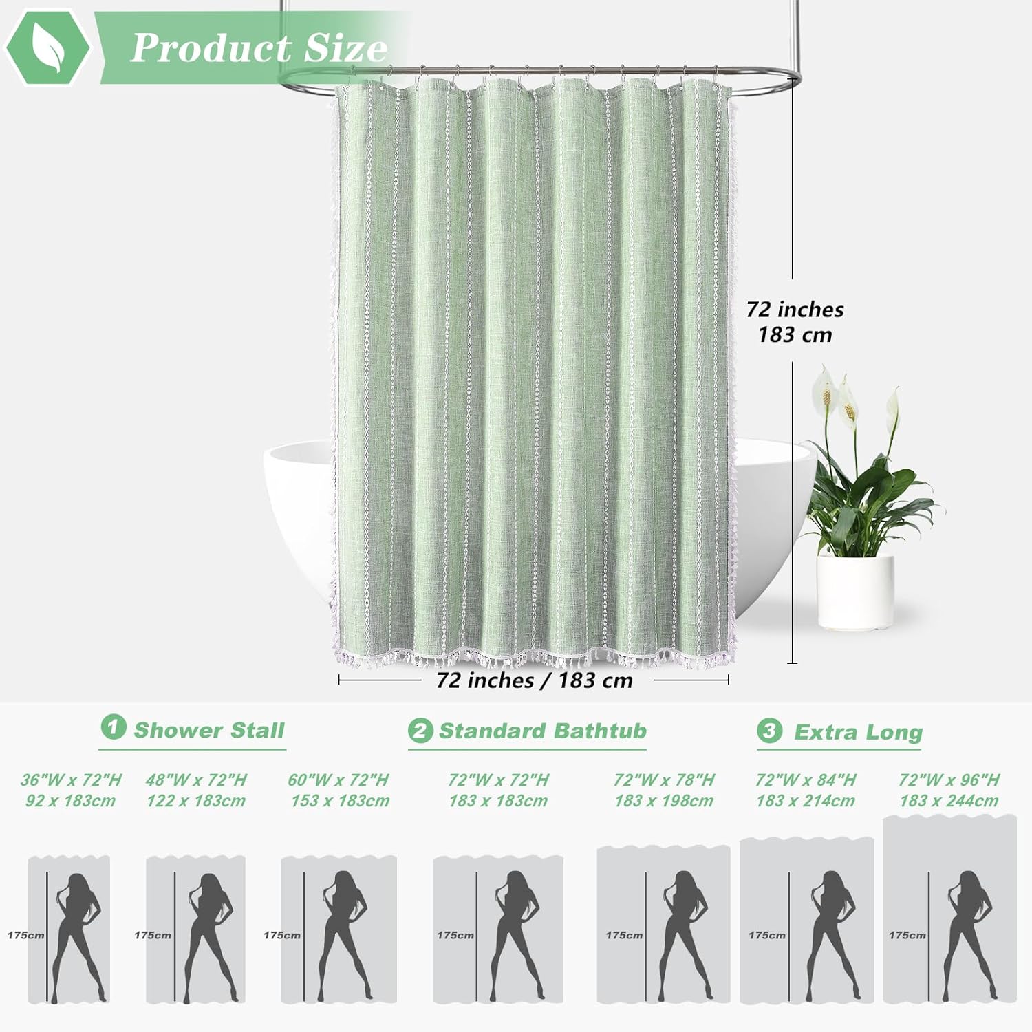 meioro Boho Farmhouse Striped Shower Curtain, 330GSM Linen Woven Fabric Shower Curtain Set with Tassel, Water Repellent Rustic Bohemian Thick Cloth Shower Curtains for Bathroom, Sage Green, 72x72