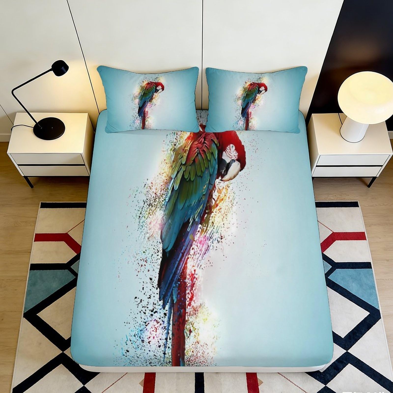 3D Printed Parrot Fitted Sheet Microfiber Soft Breathable Colorful Bird Bed Cover for Bedroom Dormitory Guest Room Mattress Protection Decor 140x200x25cm