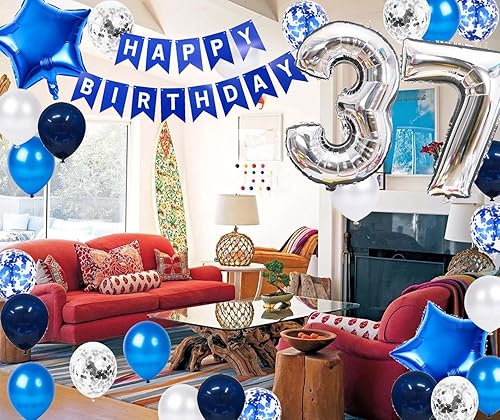Miniatura 8 de Decoración de fiesta de cumpleaños de 35 años, color azul y plateado para hombres, pancarta de feliz cumpleaños número 35, globos de papel de