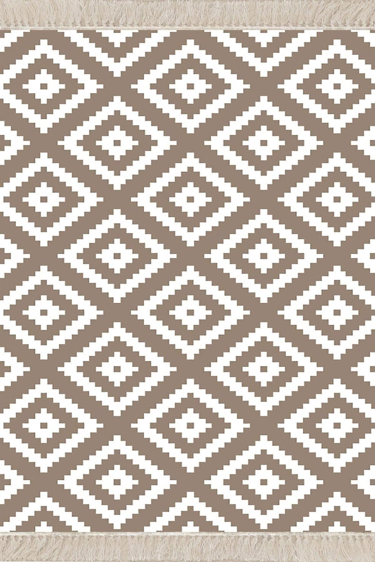 Pelangi Geometrik Baklava Dilimi Karo Desenli Dijital Baskı Yıkanabilir Kaymaz Taban Modern Salon Halısı, Vizon 180 x 300