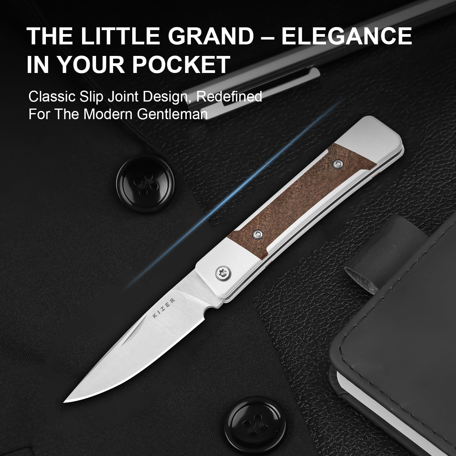 Kizer Little Grand Taschenmesser 6,4 cm Drop Point Nitro-V Klinge EDC Klappmesser Aluminium Mkuruti-Holzgriff Slip Joint