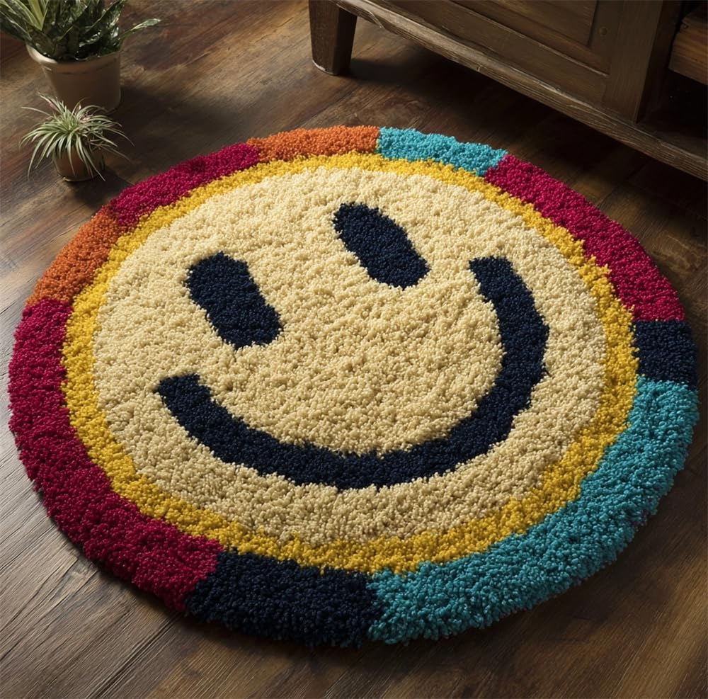 kitphoenix Rug Making Kit for Adults Smiling Balloon 20X20Inch (50X50Cm) DIY Craft Latch Hook Rug Kit Set Tapestry Cushion Patterns Printed Mesh Mat Canvas Wool Yarn