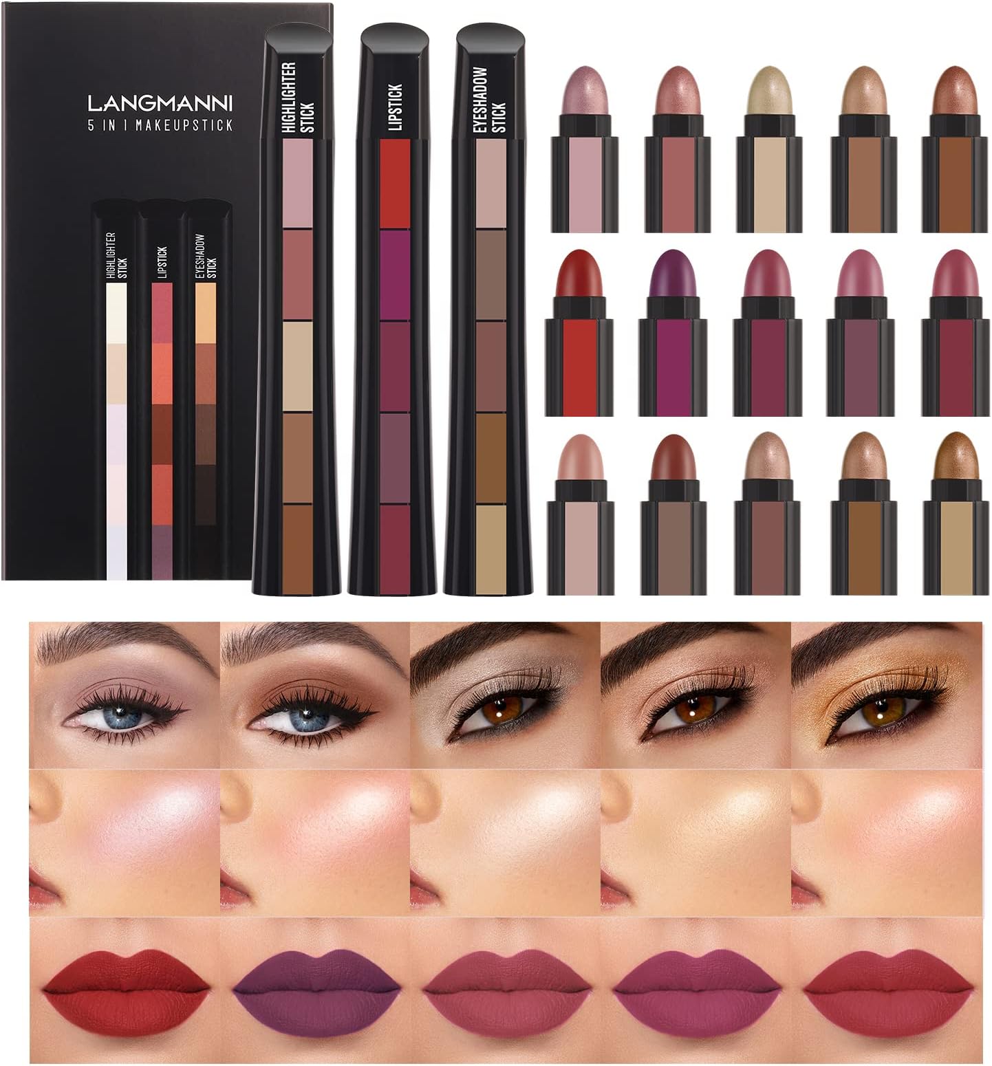 5 In 1 Matte Lipstick,Eyeshadow and Highlight stick Set,Multicolor Combination Lipsticks Long Lasting Velvety And Waterproof Lipstick Makeup Mini Lipstick Set(3Pcs)