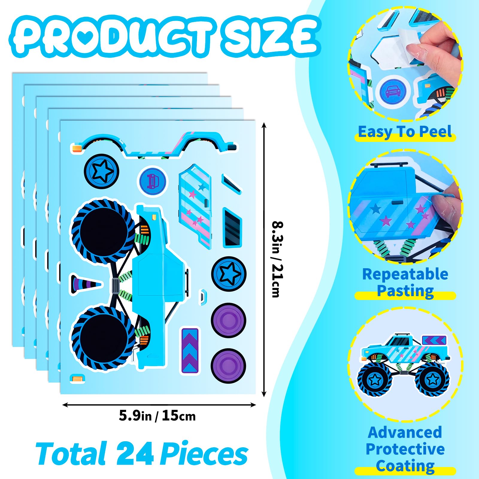 24 Sheets Make Your Own Stickers, Car Make-a-face Sticker Trucks, Race Cars DIY Craft Stickers for Party Decoration Reward — view 2