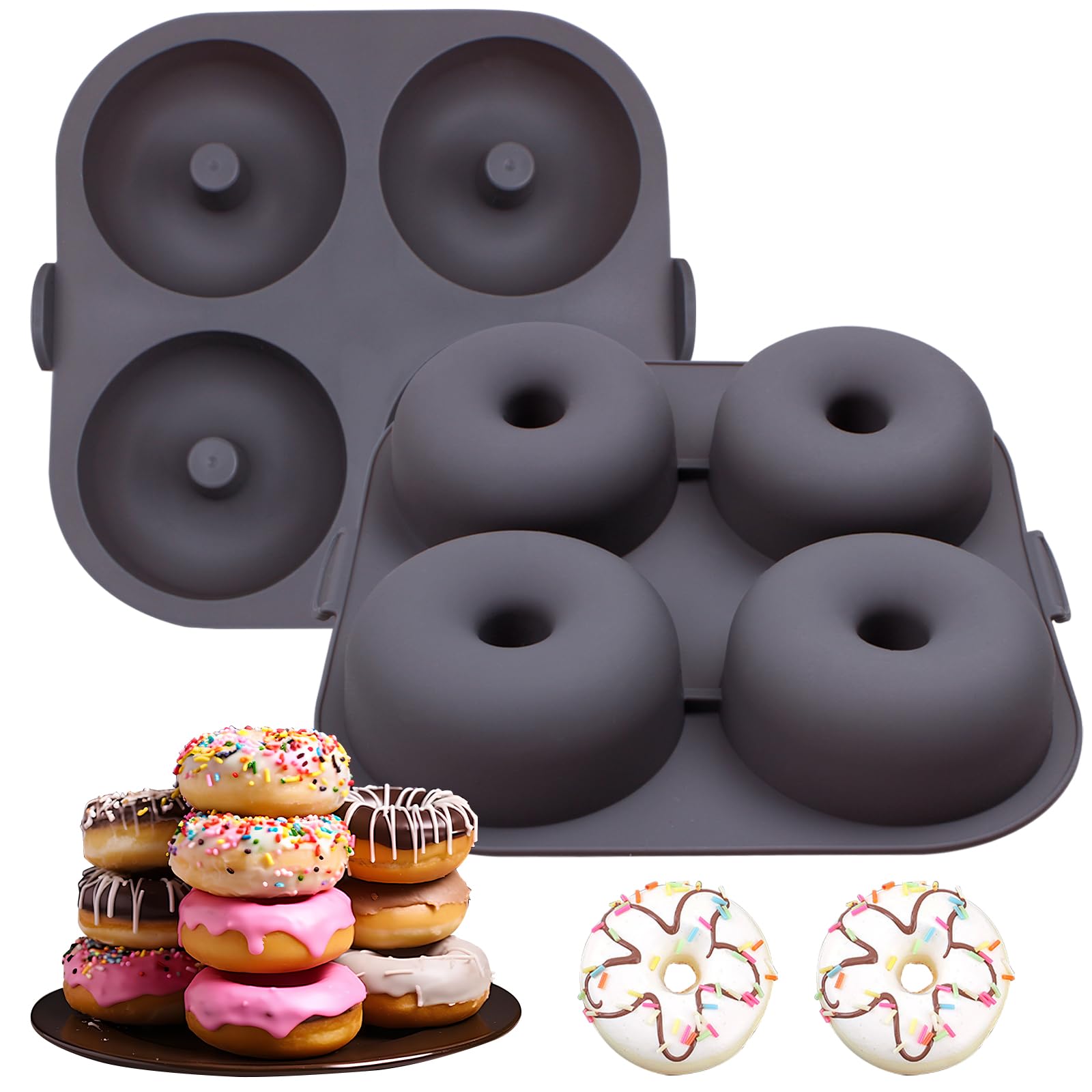 Silicone Donut Molds for Air Fryer, Set of 1, 4-Cavity Non-Stick Doughnut Pans with Carrying Handle, Doughnut Bagel Baking Tin for Muffins Cake, Dishwasher Safe, Grey