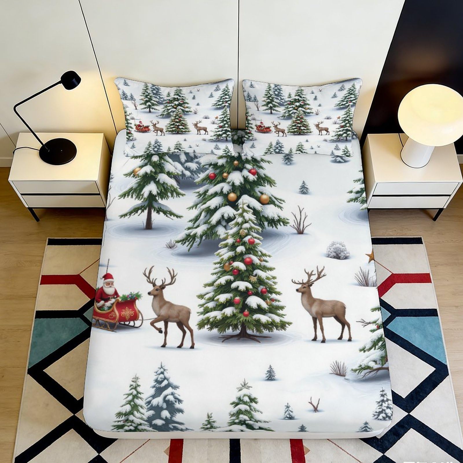 3D Printed Christmas Snow Scene Fitted Sheet Microfiber Deep Pocket Non-Slip Xmas Mattress Fitted Cover Elastic Hem 160x200x25cm