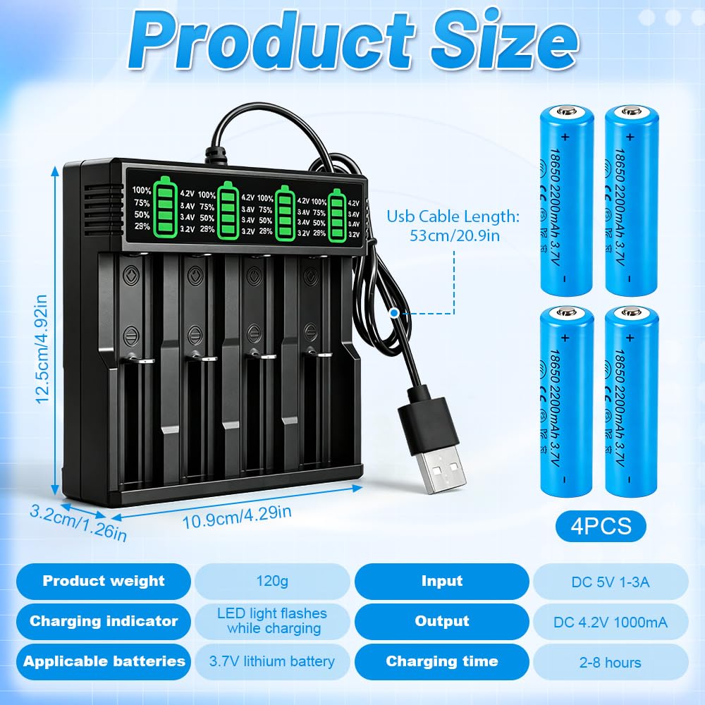 Cargador Pilas Recargables 18650, SGZIOO Cargador Pilas USB C con 4 Piezas 2200 mAh Baterías con Terminal Elevado, para 3.7V Li-Ion Recargable Batería 18650, 21700, 26650, 14500, 18500