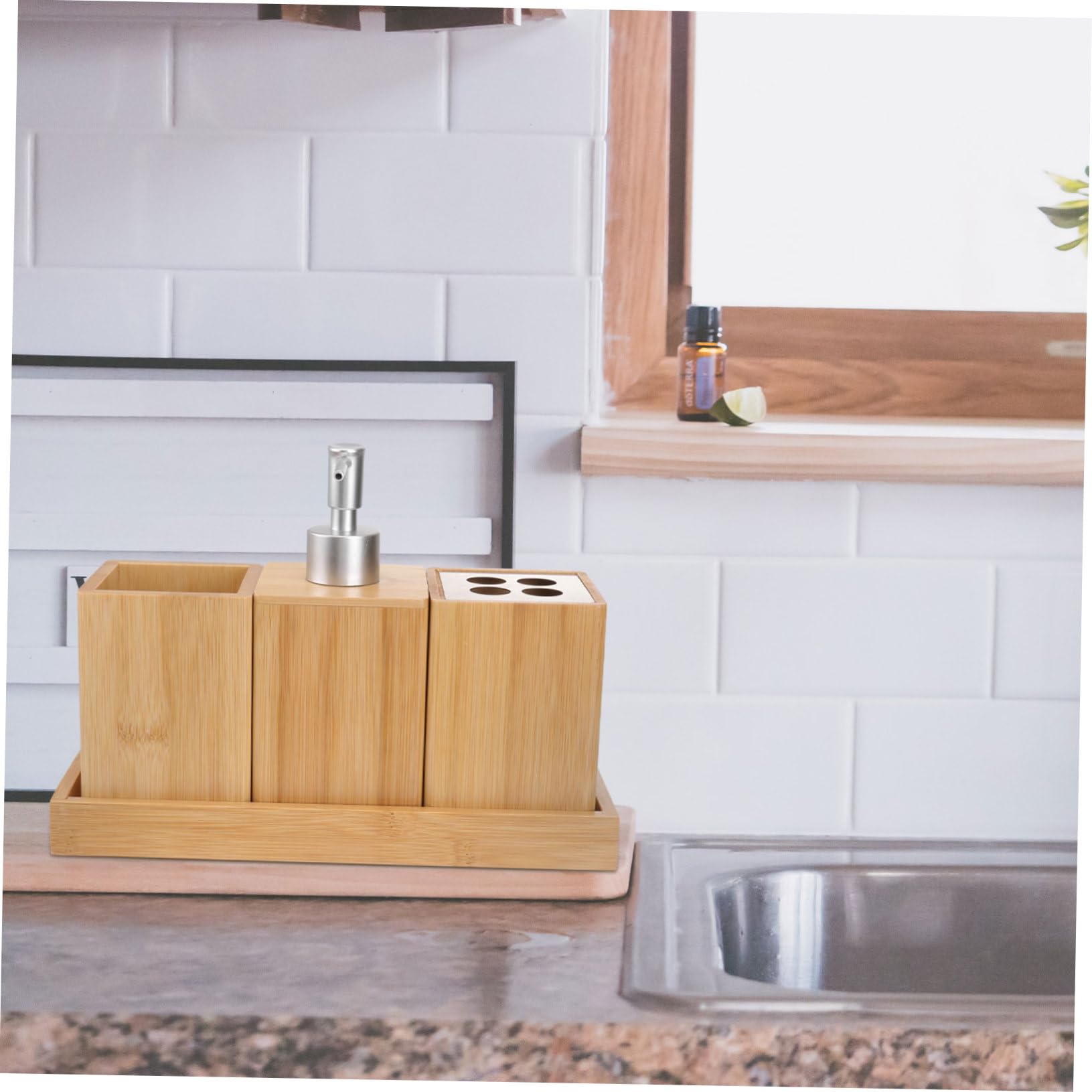 Set Accessori Bagno in Bambù 4 Pezzi, Bambù e Ceramica