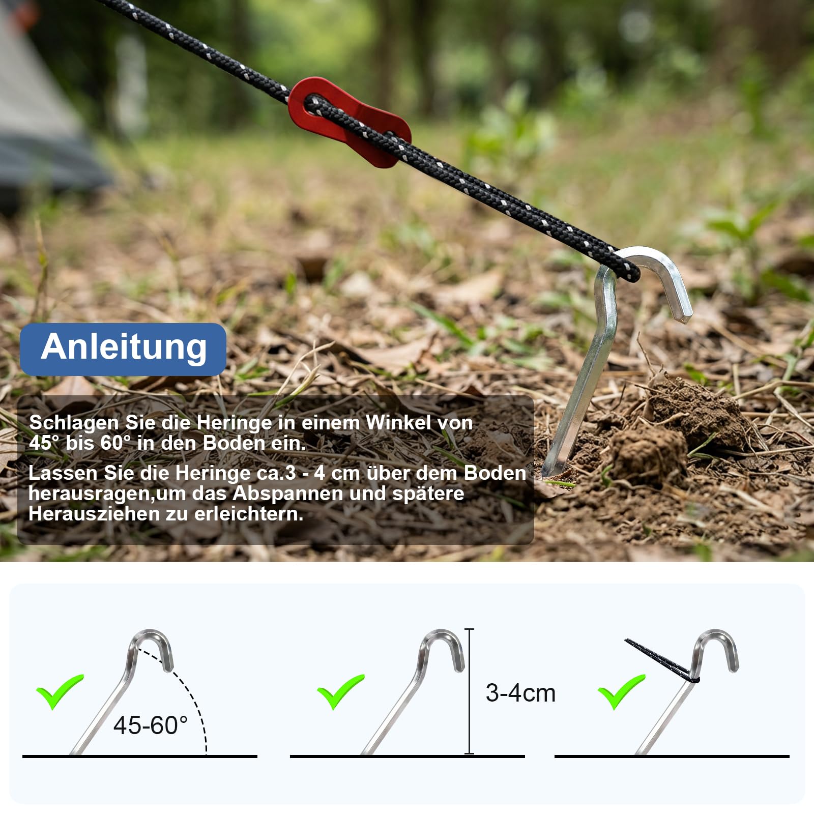 Zeltstange 2er Set, Teleskopstange mit Erdnägeln und Abspannseilen | Leichte Aufstellstangen für Zelte & Tarp, Verstellbar 80-190cm, Aluminium Sonnensegel Stange Camping Tarpstangen mit Tasche