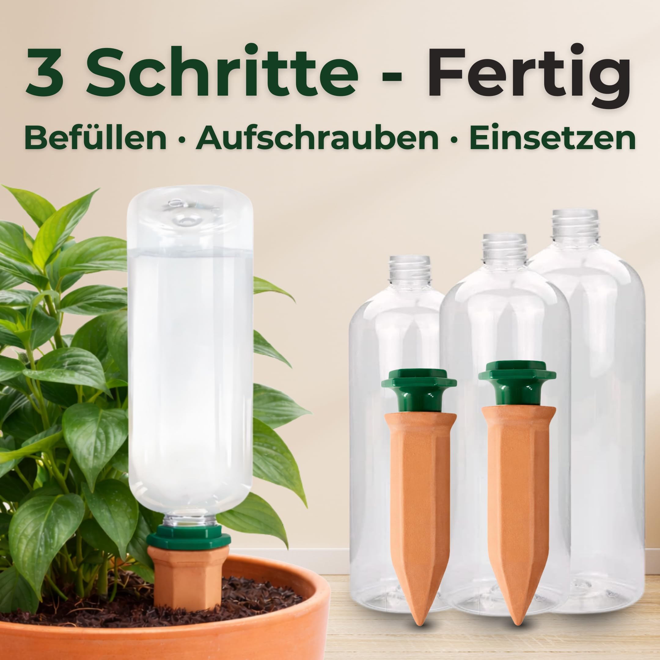 Bewässerungssystem für Pflanzen – Tonkegel Set inkl. Adapter & 750 ml PET-Flaschen – automatische Urlaubsbewässerung für Zimmerpflanzen & Balkon