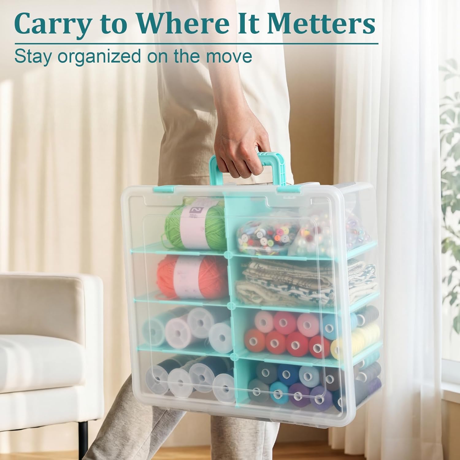 BTSKY Clear Plastic Dividing Storage Box with 8 Deep Compartments Adjustable Storage Bin with Lid Portable Craft Storage Container Multipurpose Sewing Box Art Supply Organizer, 15.1x13.9x6.1 Inches