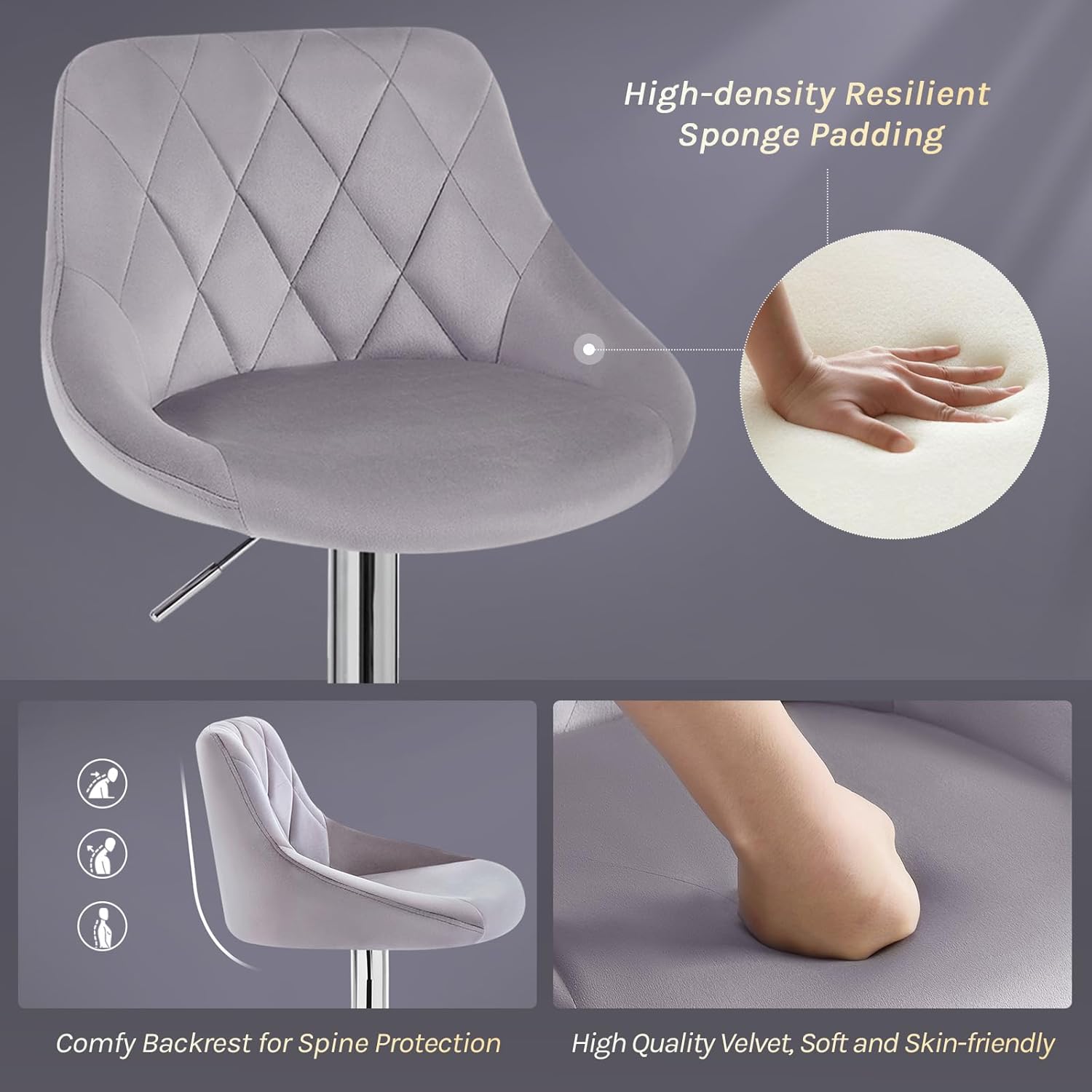 Close-up of the WOLTU bar stool seat, highlighting high-density sponge padding, comfortable backrest for spine protection, and high-quality, soft, skin-friendly velvet.