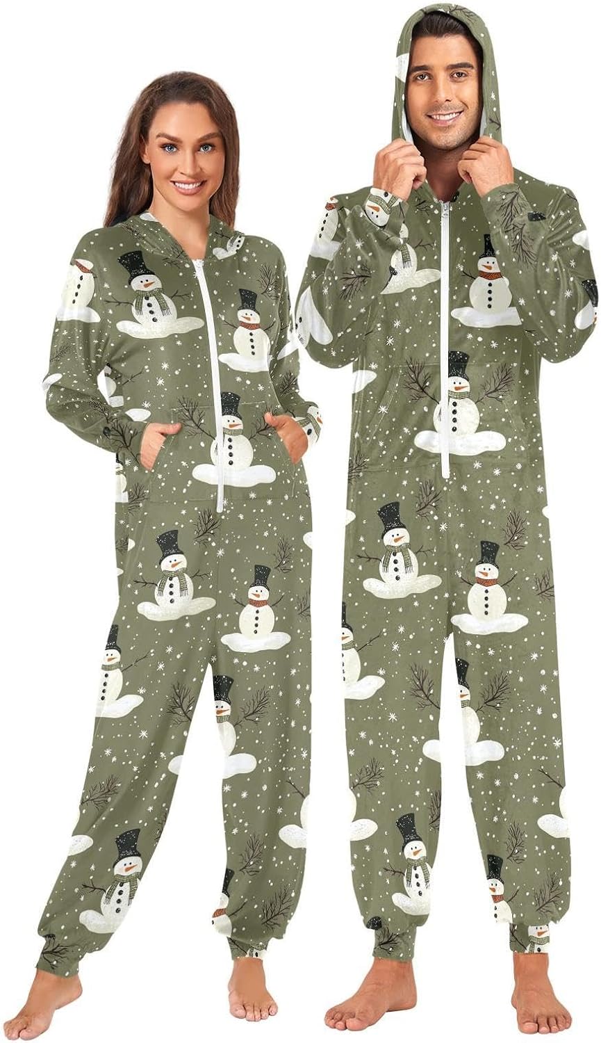 ZZKKO Snowman and Snowflake Adult Onesie Pajamas for Women Men Cozy One Piece Pajamas Costume Zip-Up Hooded S-XL