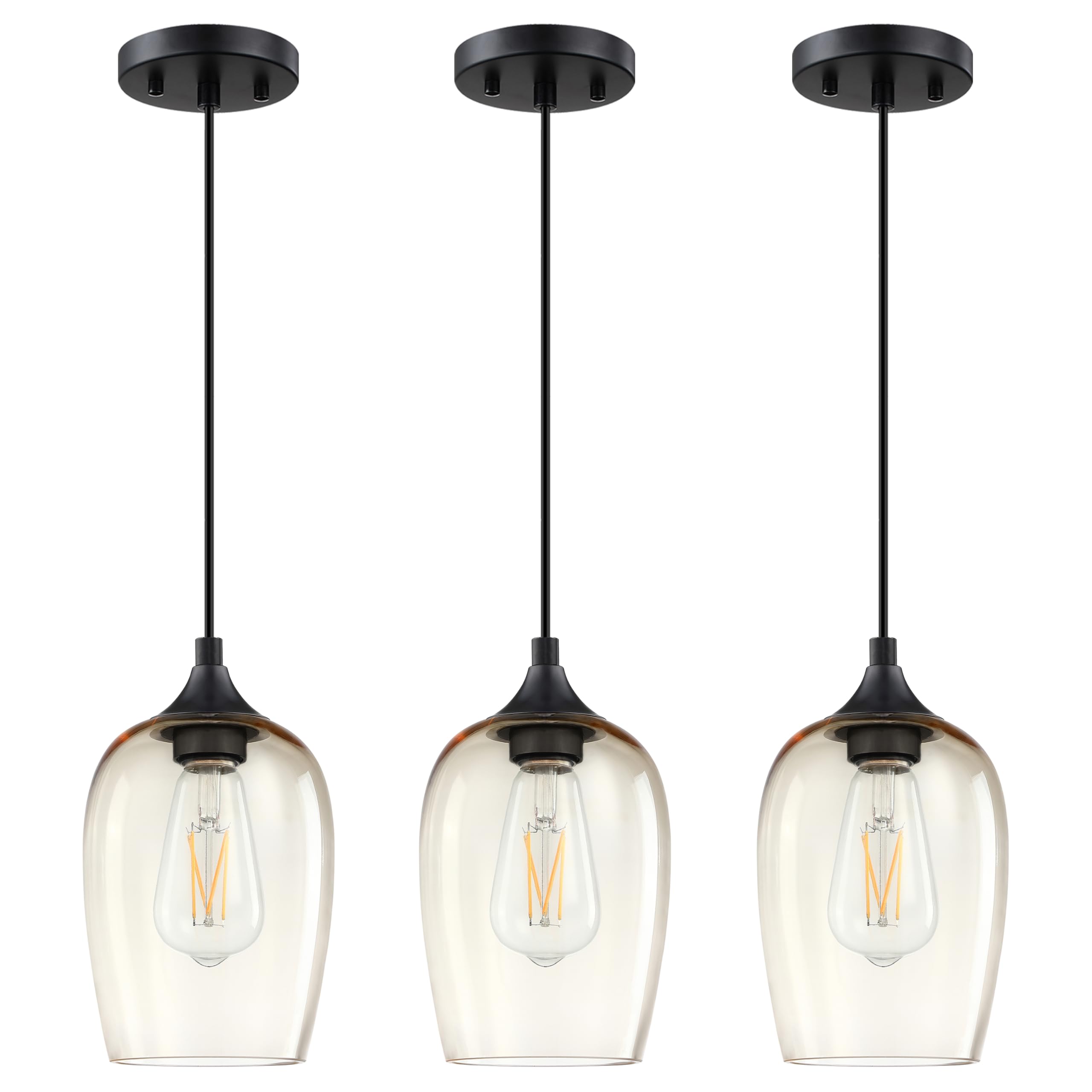 Photo 1 of 1 Light Hanging Indoor Kitchen Island Pendant Light 5.3" Glass Pendant Ceiling Light Fixtures Black Finish Farmhouse Dinning Room Over Sink Bedroom Bedside (Amber Glass, 3 Pack) 3 Pack 1 Light Amber GLass