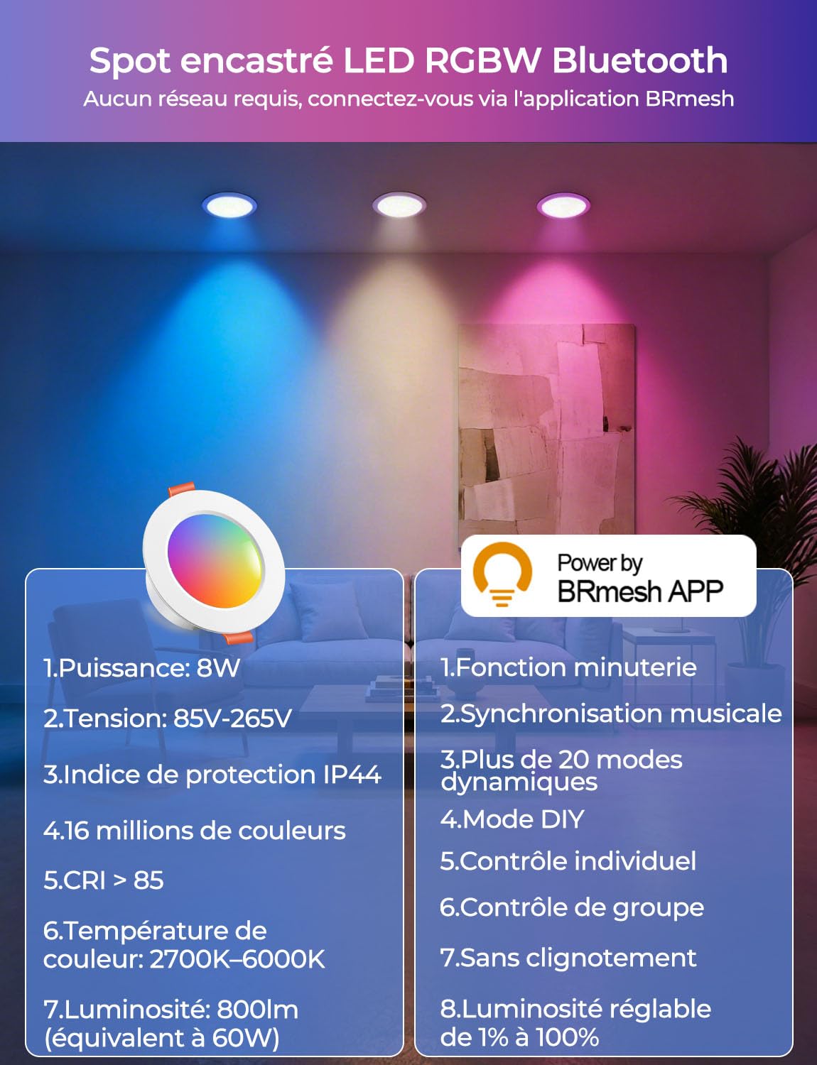 HEKEE Spot LED Encastrable RGB Bluetooth, Ф68-85mm Couleur Spot Encastré Minuterie Via APP，IP44 2700-6000K Spot LED Encastrable (Lot De 6)