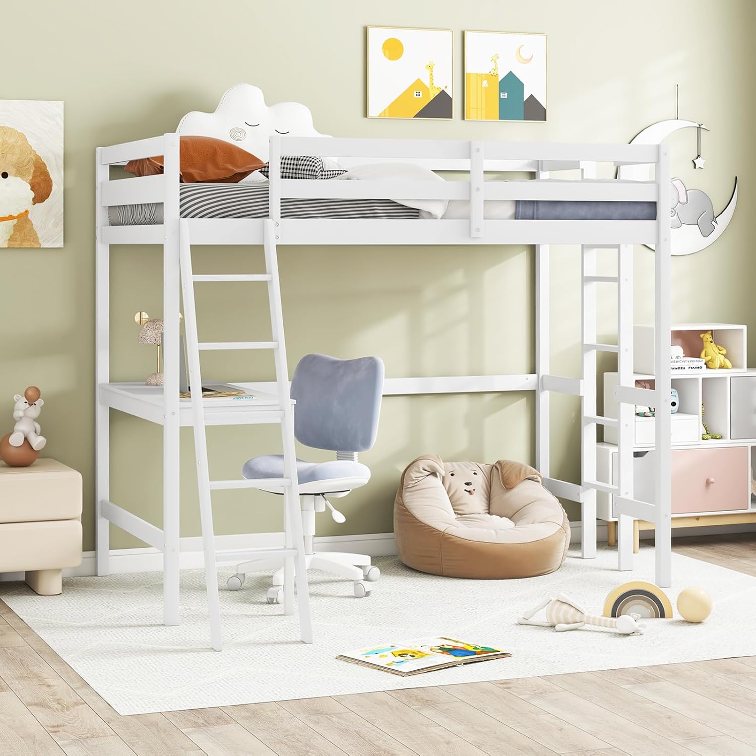 KOMFOTT Twin Loft Bed with Desk, Solid Wood Twin Bed Frame with 2 Ladders, Safety Guardrail for Teenagers, Space-Saving Loft Bed with Wooden Slats Support, No Box Spring Needed (White)