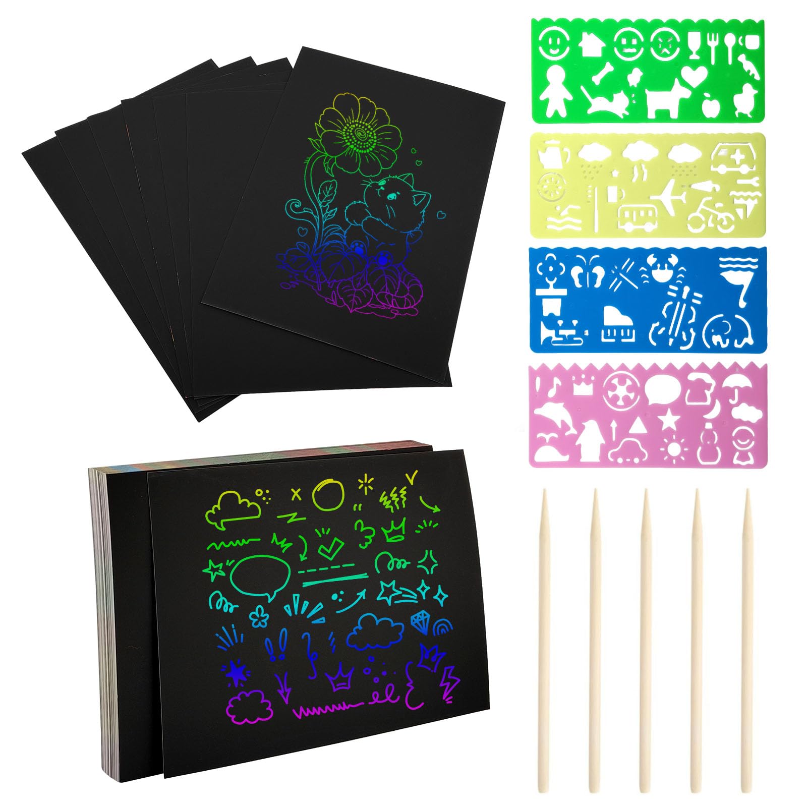 Set de bloc de dibujo para niños de 50 hojas, scratch art | Incluye lápices de madera y plantillas, scratch art paper | Ideal para que los niños dibujen y hagan manualidades DIY