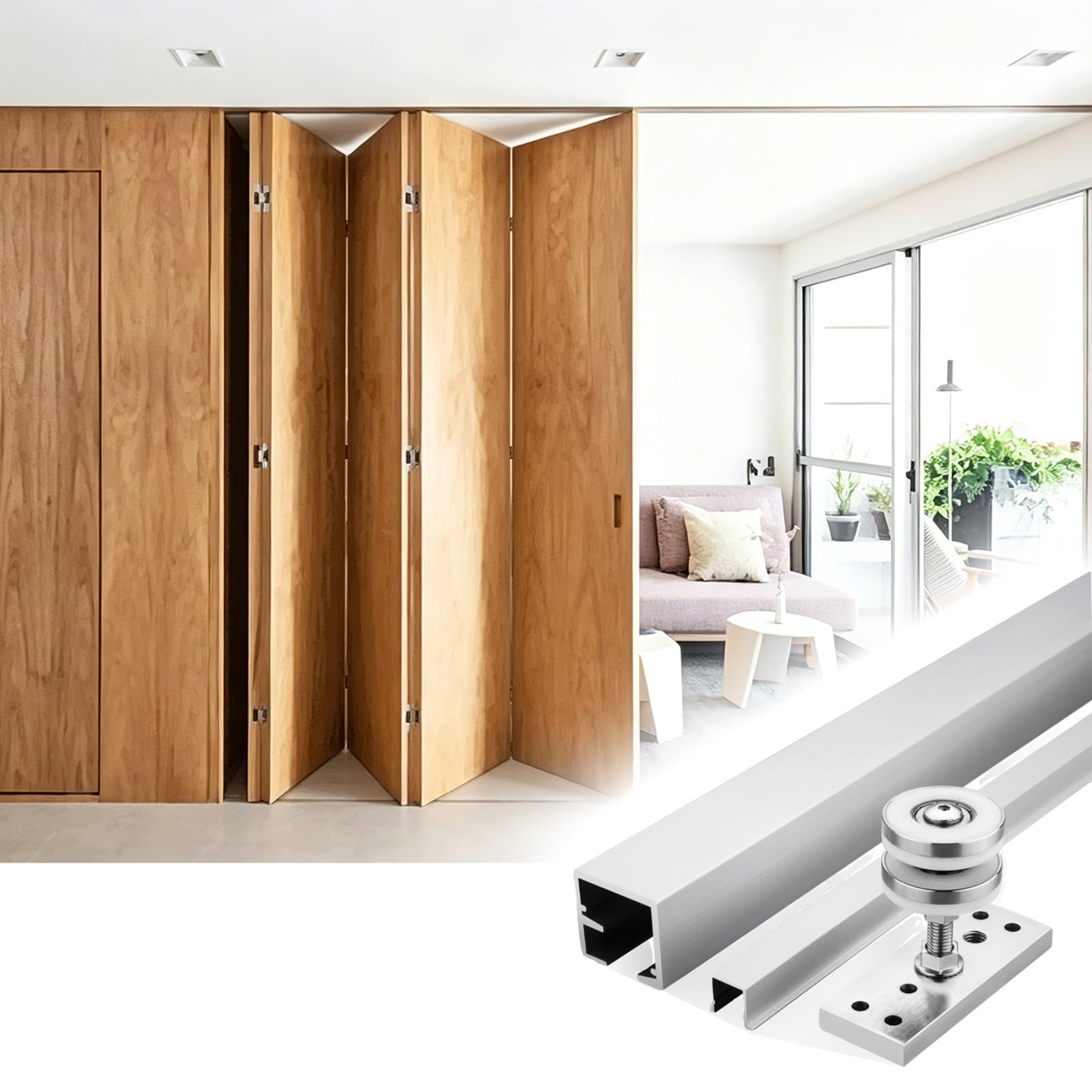 Sliding Door kit Track Rail Concealed Bi Fold Door Hardware with Rail, 3 3.5 4 4.5 6 8feet 10.5 12 15 Ft Sliding Doors Track Kit, Bypassing Box Rails - Slide Smoothly Quietly(7ft(213cm))