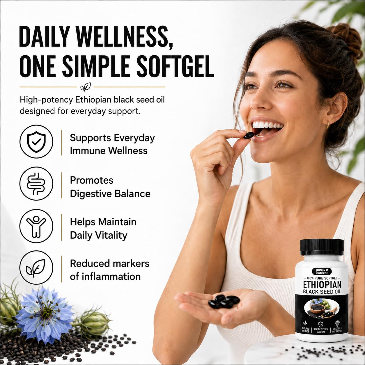 Purely Nutrient Ethiopian Black Seed Oil Capsules, Purely Black Seed Oil Organic Cold Pressed with 4.64% Thymoquinone, Aceite Etíope De Semilla Negra - 60 Softgels — Amazon image 2