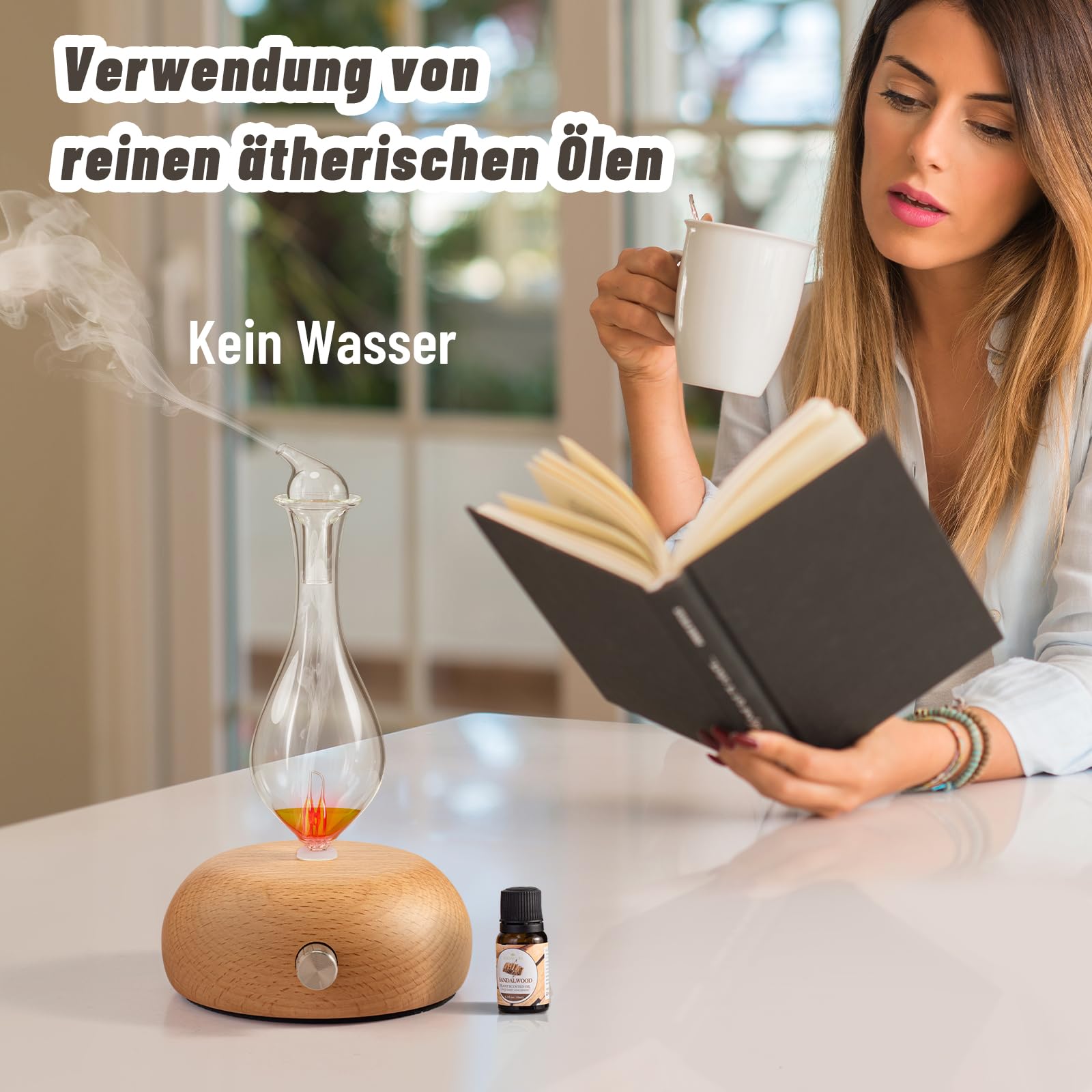 Difusor de aceite esencial puro, difusor de aromaterapia, base de madera y difusor de cristal para el hogar, sin calor, sin agua