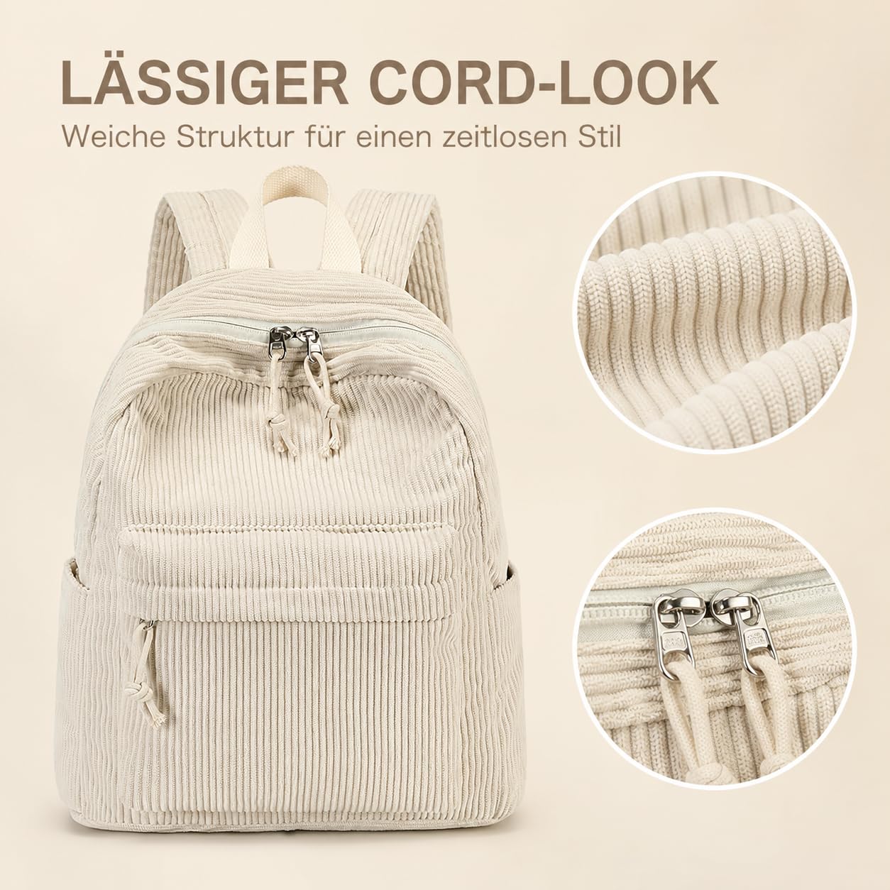 LOIDOU Petit sac à dos pour femme, petite ville, sac à dos décontracté en velours côtelé, mini portefeuille pour l'école, le travail, les voyages, le shopping