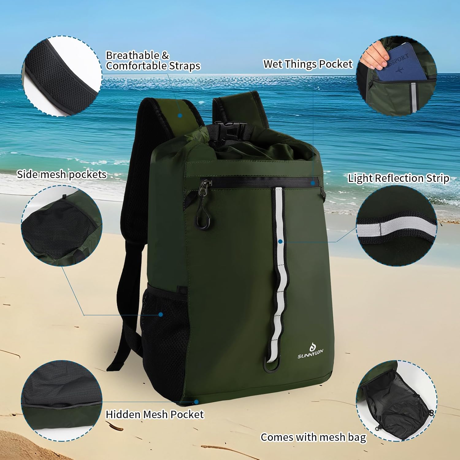 Dry Bag Backpack,20L Dry bags Waterproof Kayaking with Waist Pouch and Phone Case,Waterproof Backpack Marine dry bag for Kayaking,Beach,Rafting, Boating,Hiking,Camping and Fishing (Green)