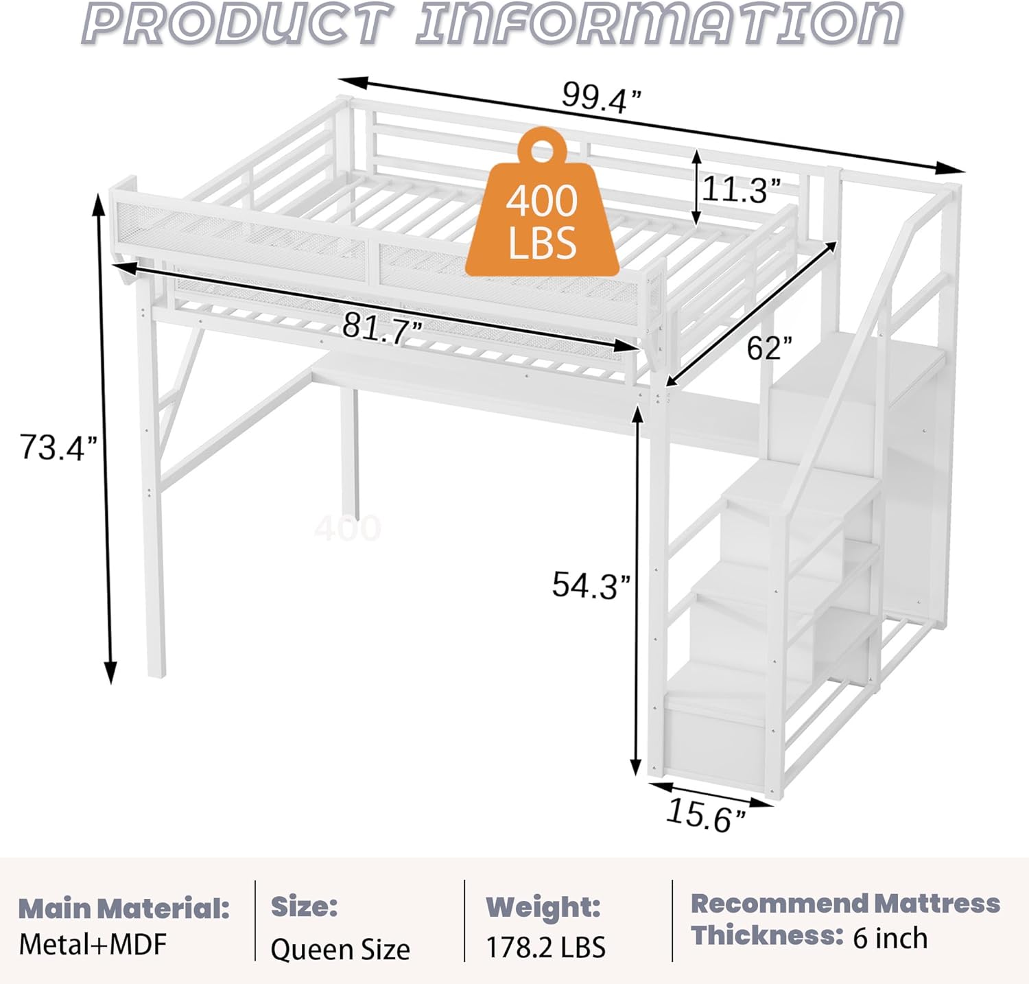 Metal Loft Bed with Desk and RGB LED Lights, Queen Size Loft Bed with Stairs and Charging Station,Adult Loft Beds with Storage Shelves for Upper and Wardrobe,Loft Beds Frame for Kids Teens, White