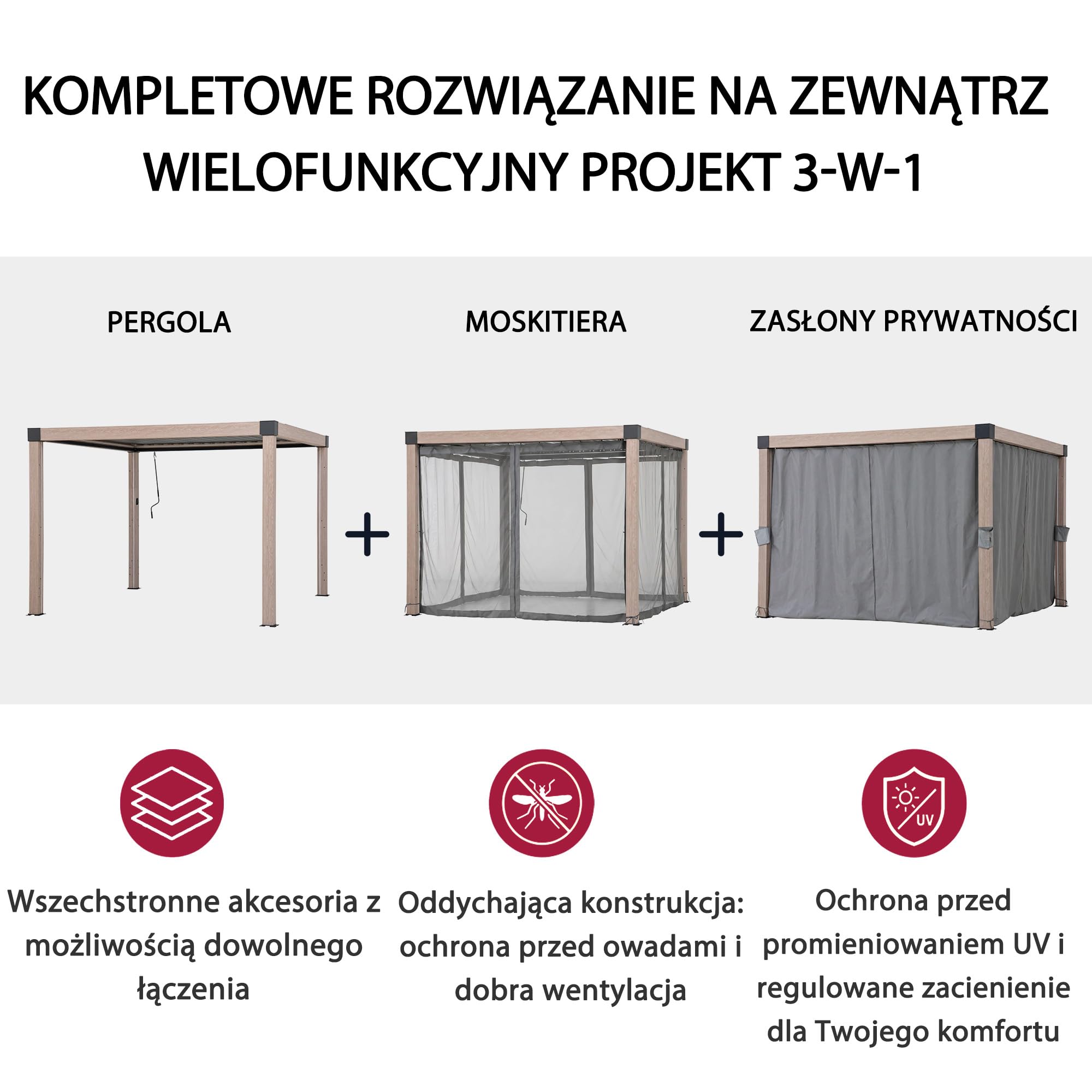 SUNJOY Pergola Ogrodowa 3x3m z zasłonami i siatką przeciwkomarową, Aluminiowa Altana Lamelowa Całoroczna, Ruchomy Dach z Regulacją Kąta, Solidny Pawilon Tarasowy, Efekt drewna