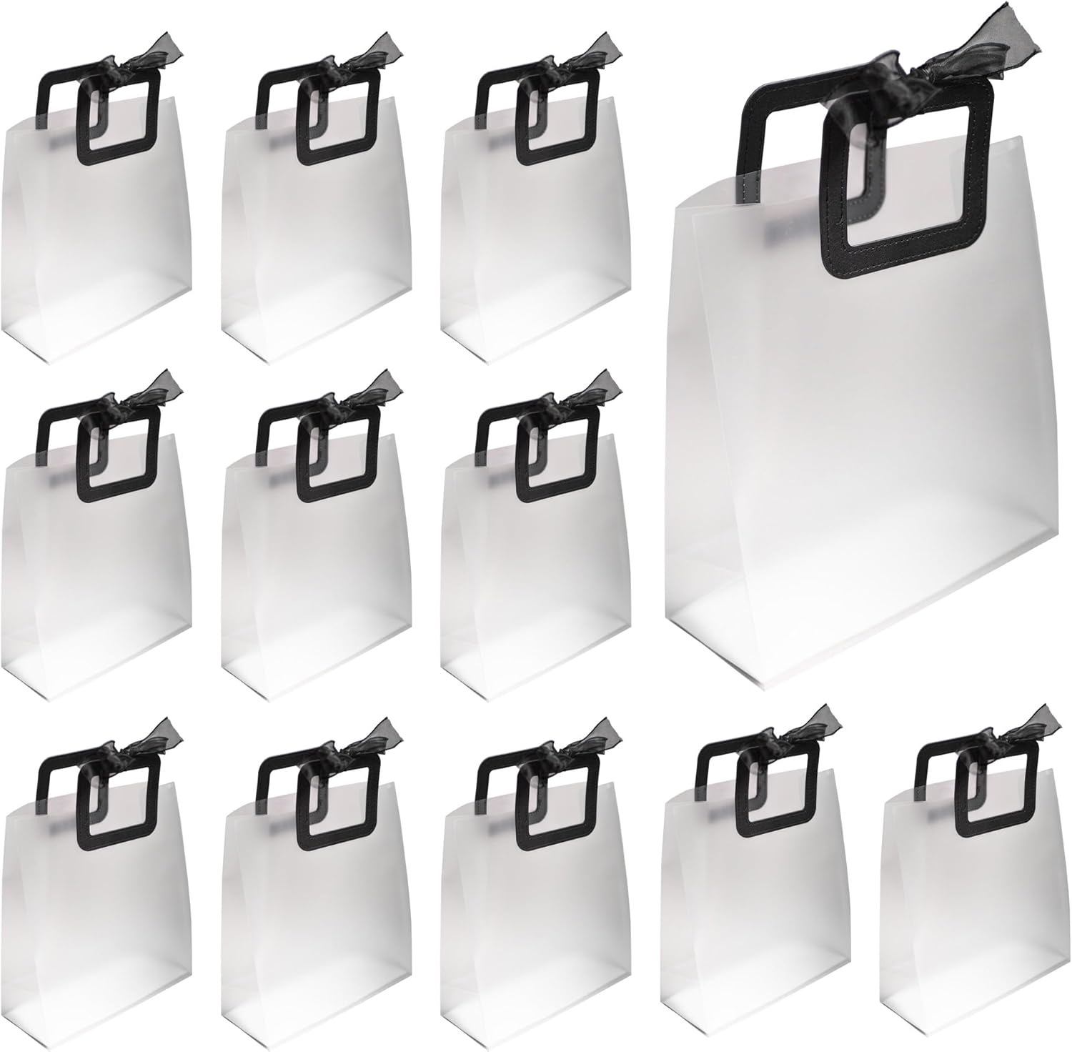 Ribbon & Luxe Large 6-Pack Transparent Gift & Boutique Bags, Black, Square Stitched Handles; Wedding, Baby or Bridal Shower and All Other Special Occasions (Black, Large), G304BK-S