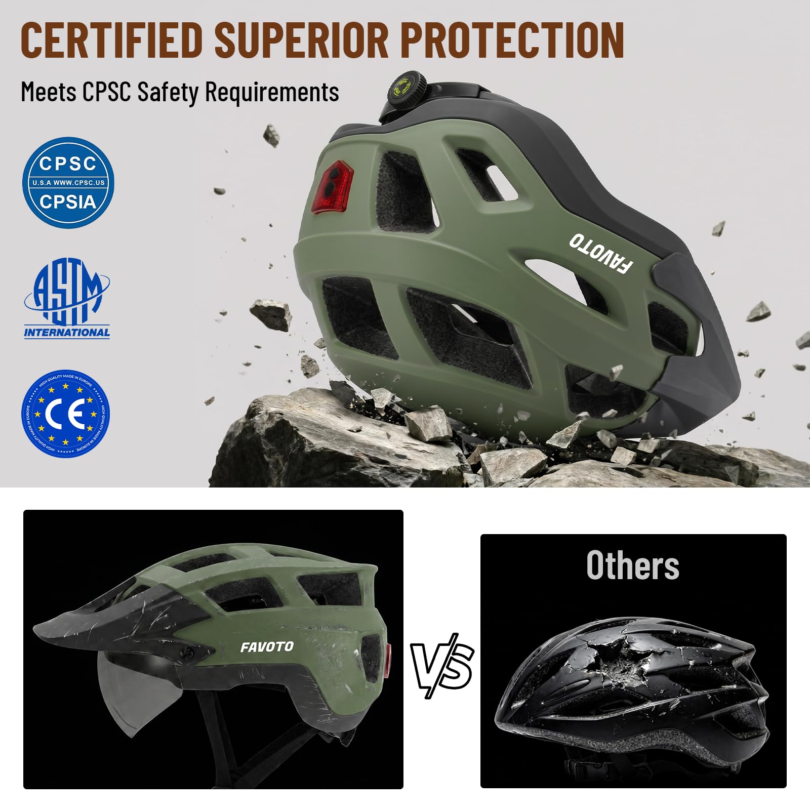 Favoto Casco de Bicicleta para Adultos para Ciclismo de Carretera y montaña, con luz Trasera LED Recargable USB, Gafas magnéticas y Visera Solar extraíble, Casco para Hombres y Mujeres